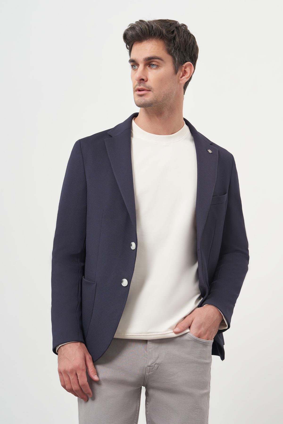 Morven Erkek Lacivert Örme Slim Fit Torba Cep Mono Yaka Spor Ceket
