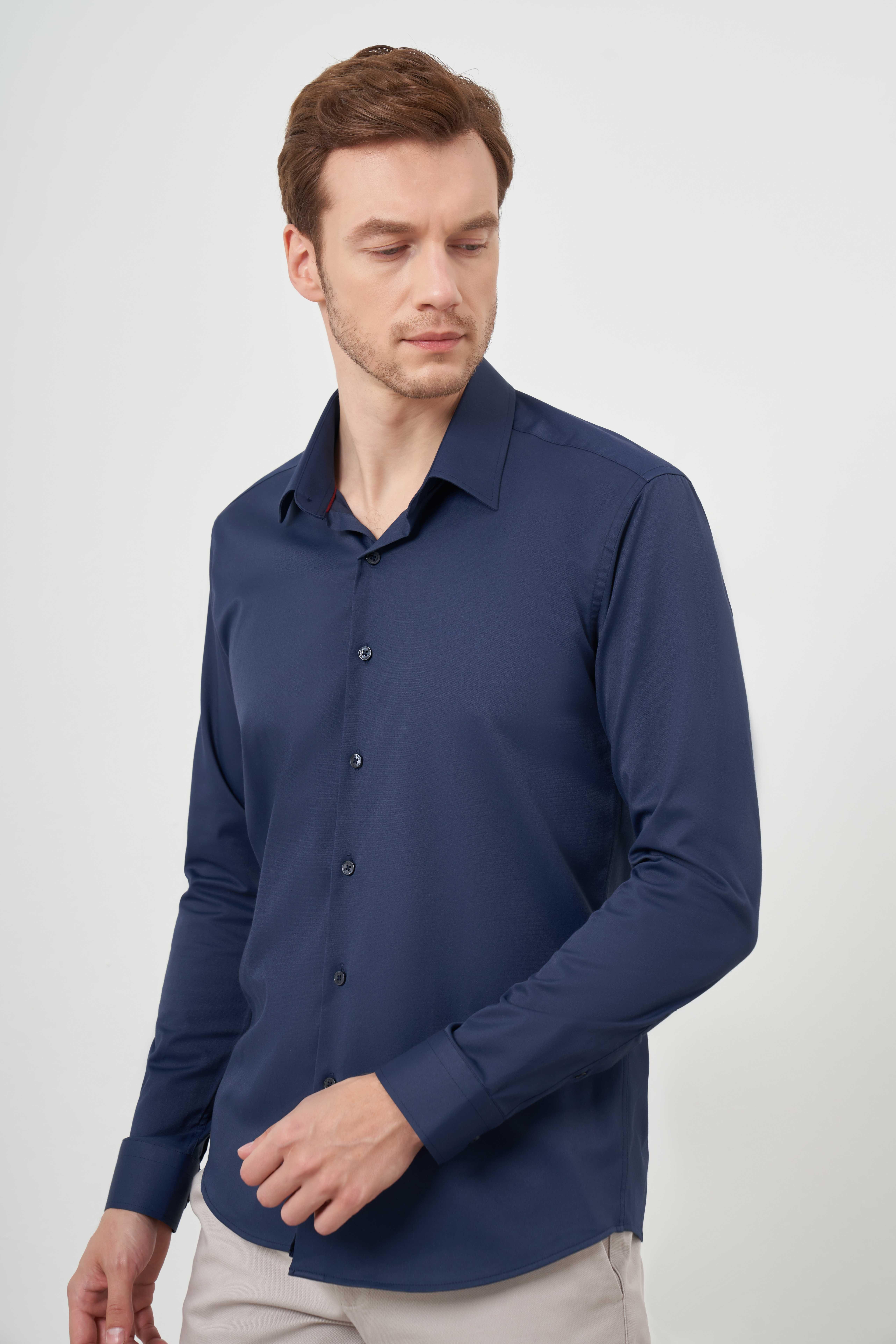 Morven Erkek Lacivert Pamuk Düz Desen İtalyan Yaka Slim Fit  Gömlek