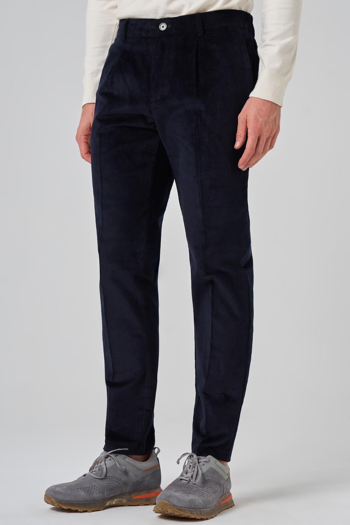 Morven Erkek Lacivert Pamuk Trend Fitilli Kadife Lastikli Slim Fit Pantolon