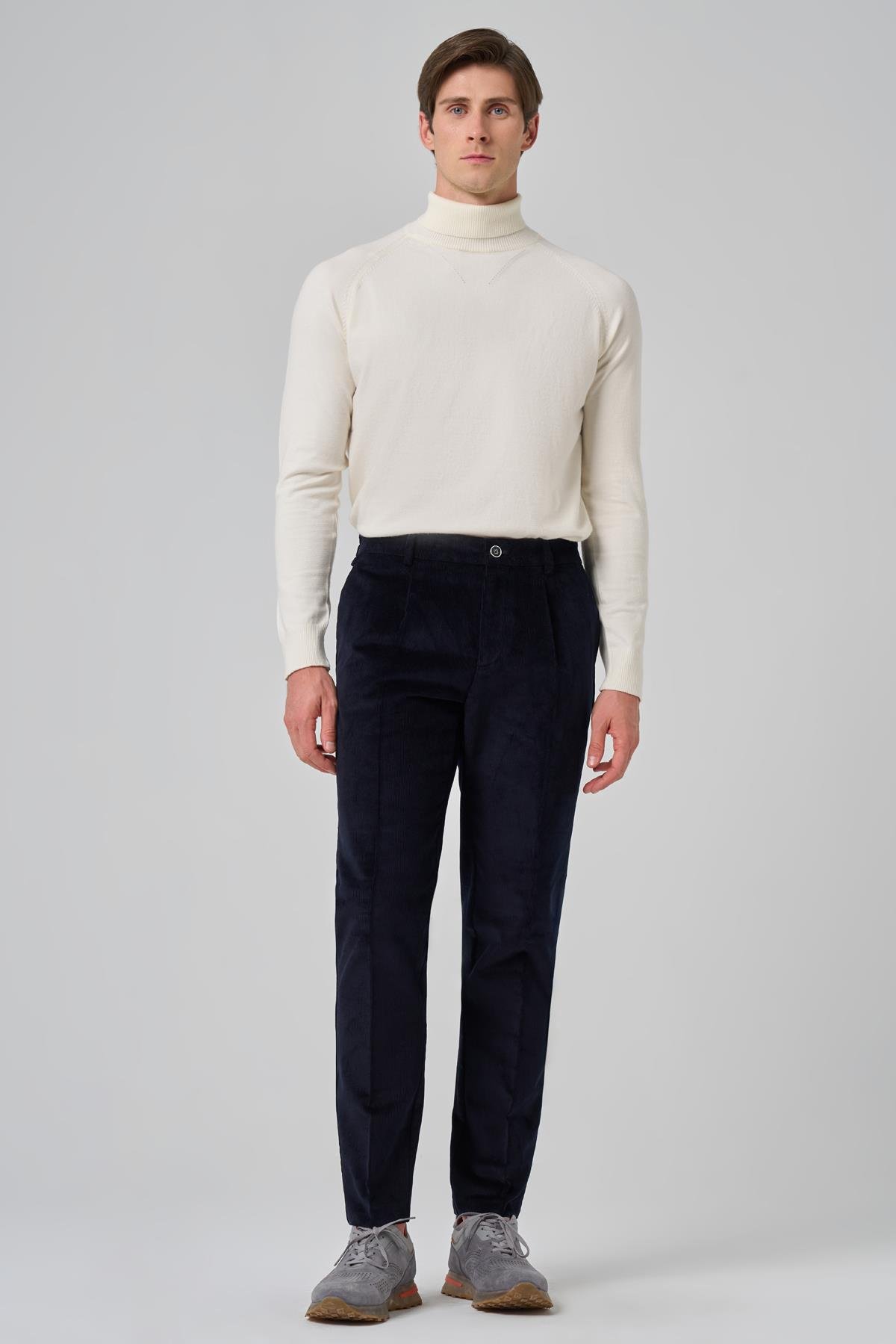 Morven Erkek Lacivert Pamuk Trend Fitilli Kadife Lastikli Slim Fit Pantolon