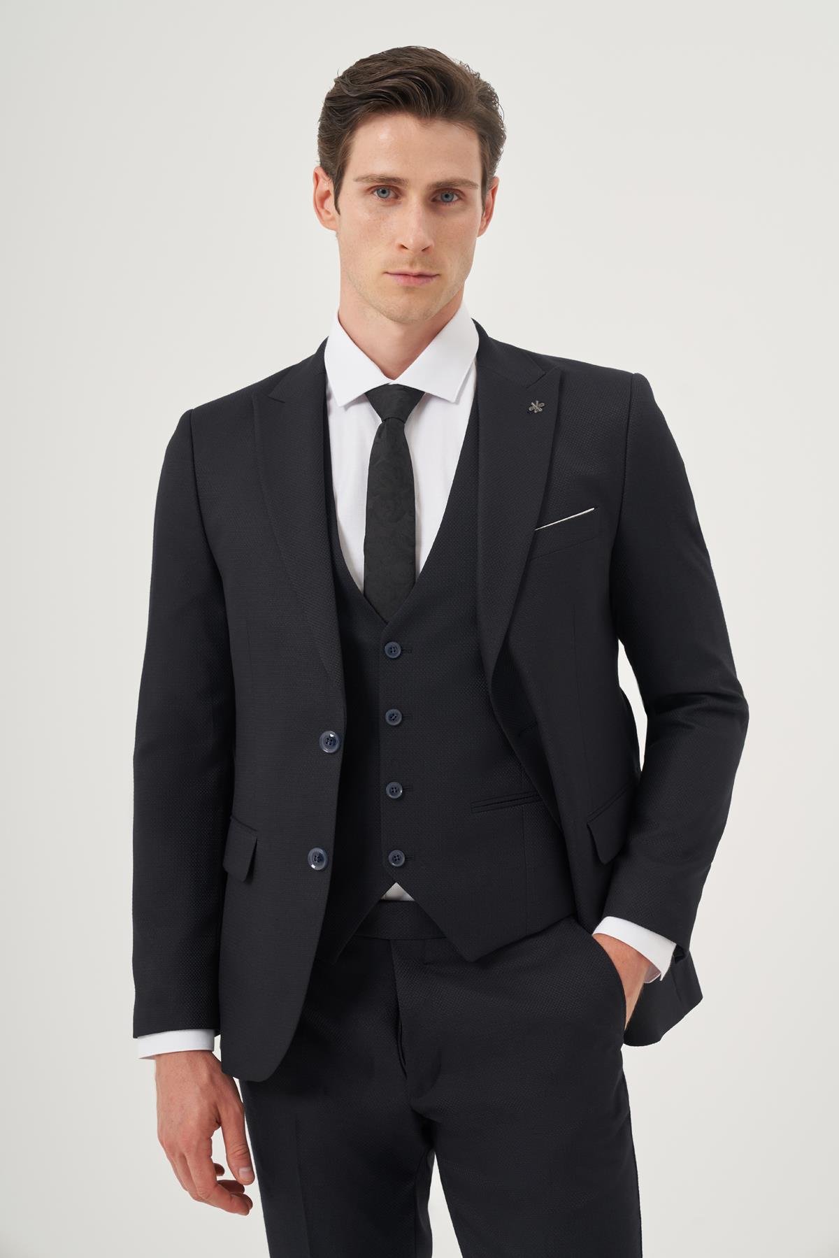 Morven Erkek Lacivert Poliviskon Basic Yelekli Jakarlı Slim Fit Sivri Yaka Takım Elbse