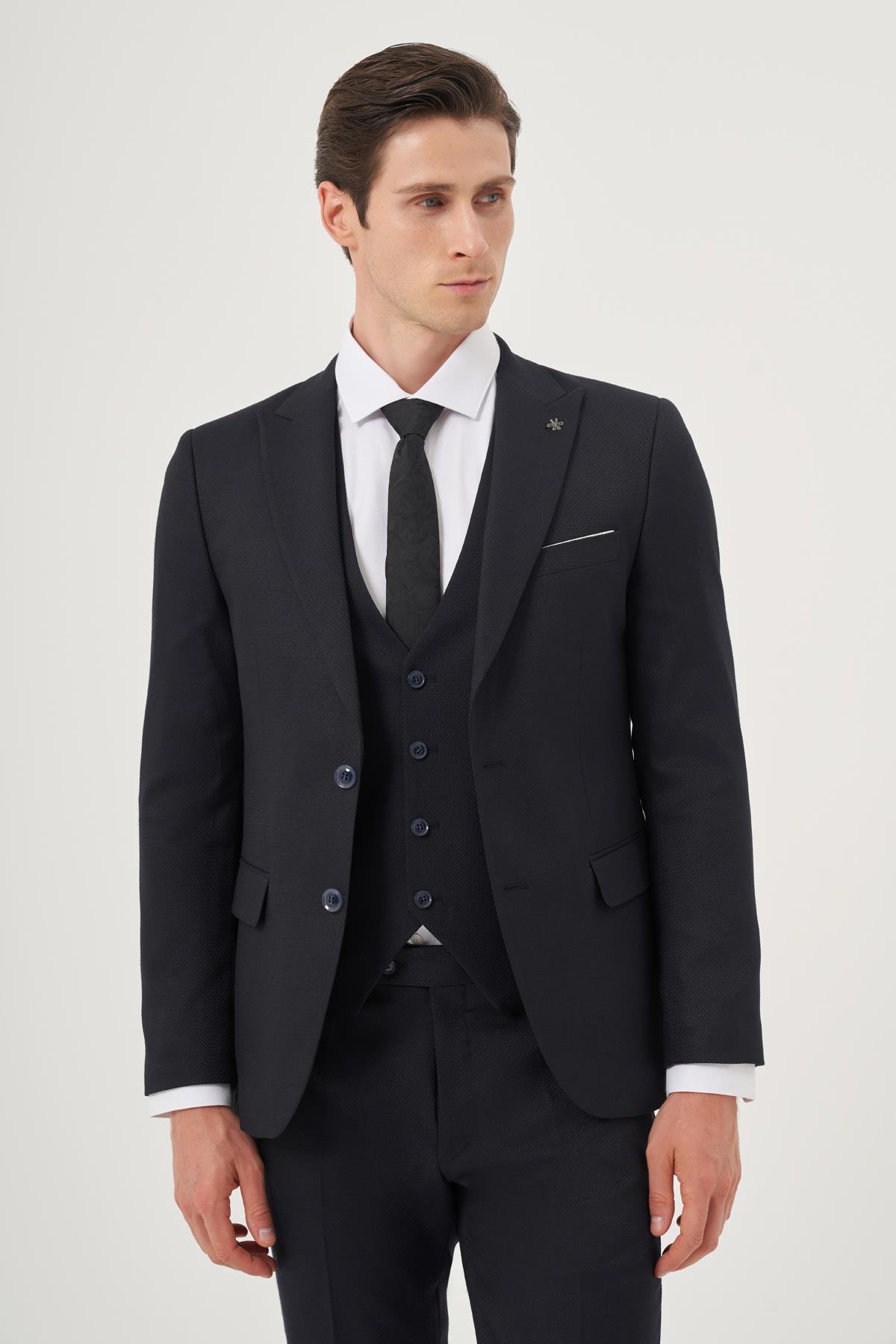 Morven Erkek Lacivert Poliviskon Basic Yelekli Jakarlı Slim Fit Sivri Yaka Takım Elbse