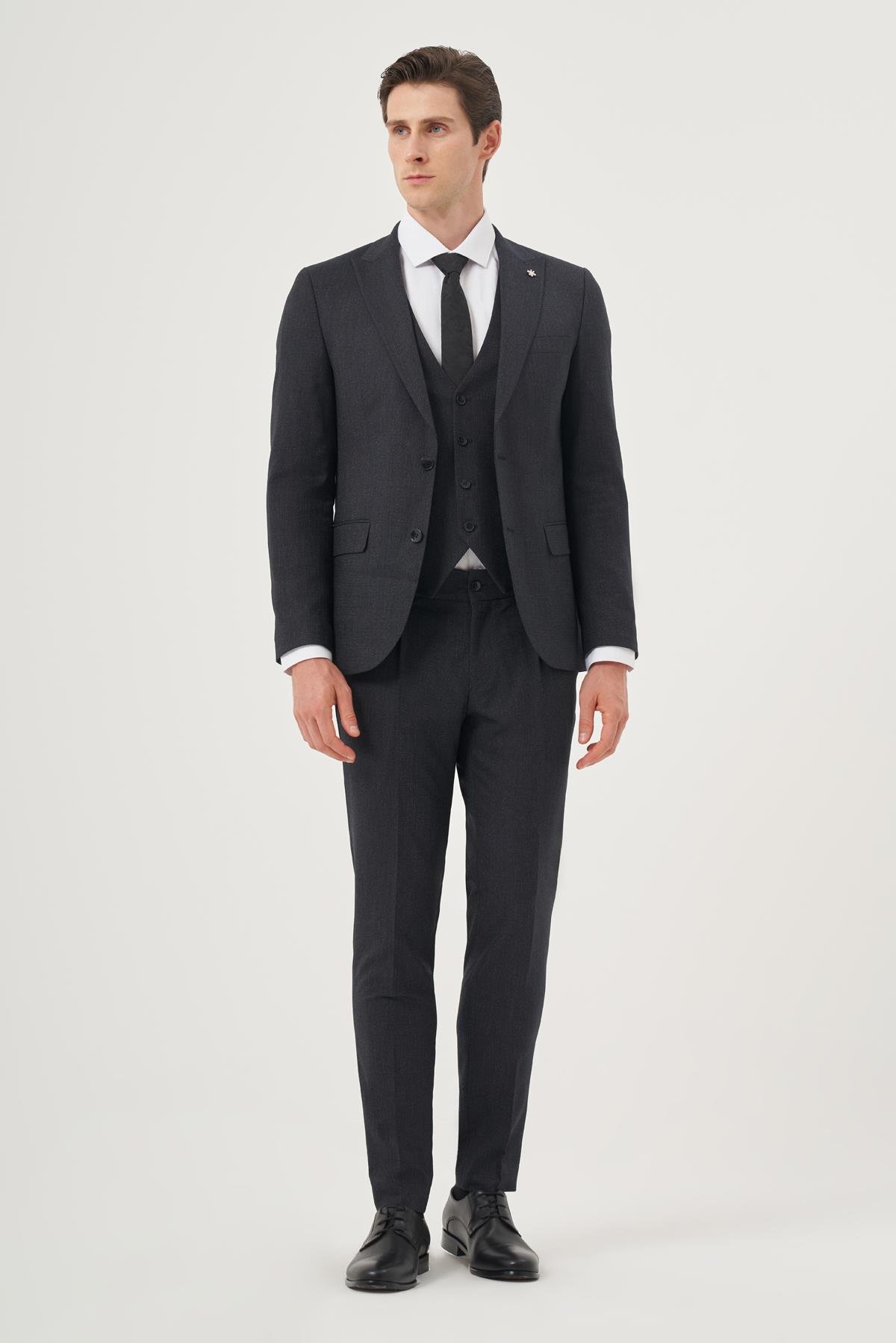 Morven Erkek Lacivert Poliviskon Trend Desenli Slim Fit Sivri Yaka Yelekli Takım Elbise