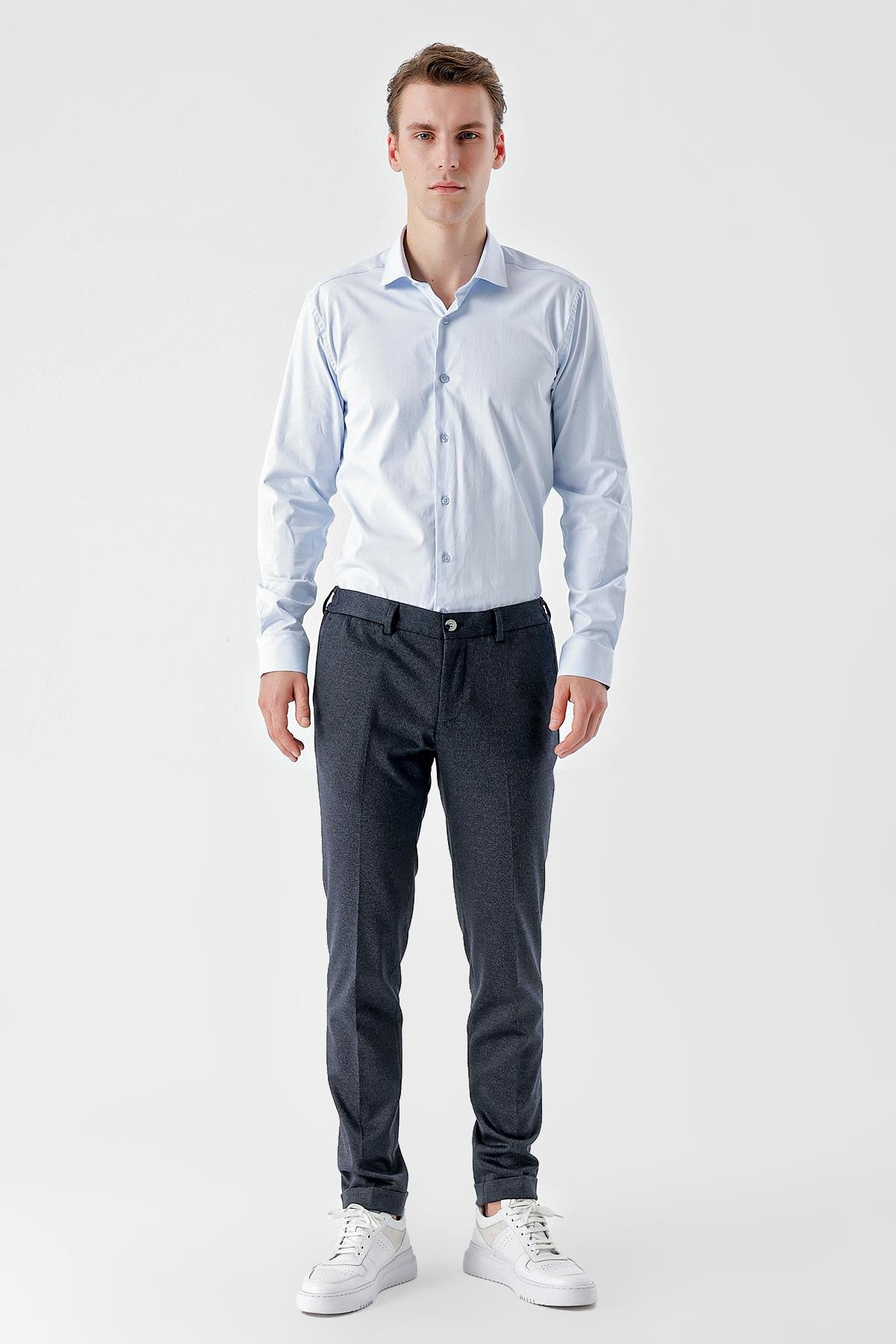 Morven Erkek Lacivert Poliviskon Trend Desenli Slim Fit Classic Pantolon