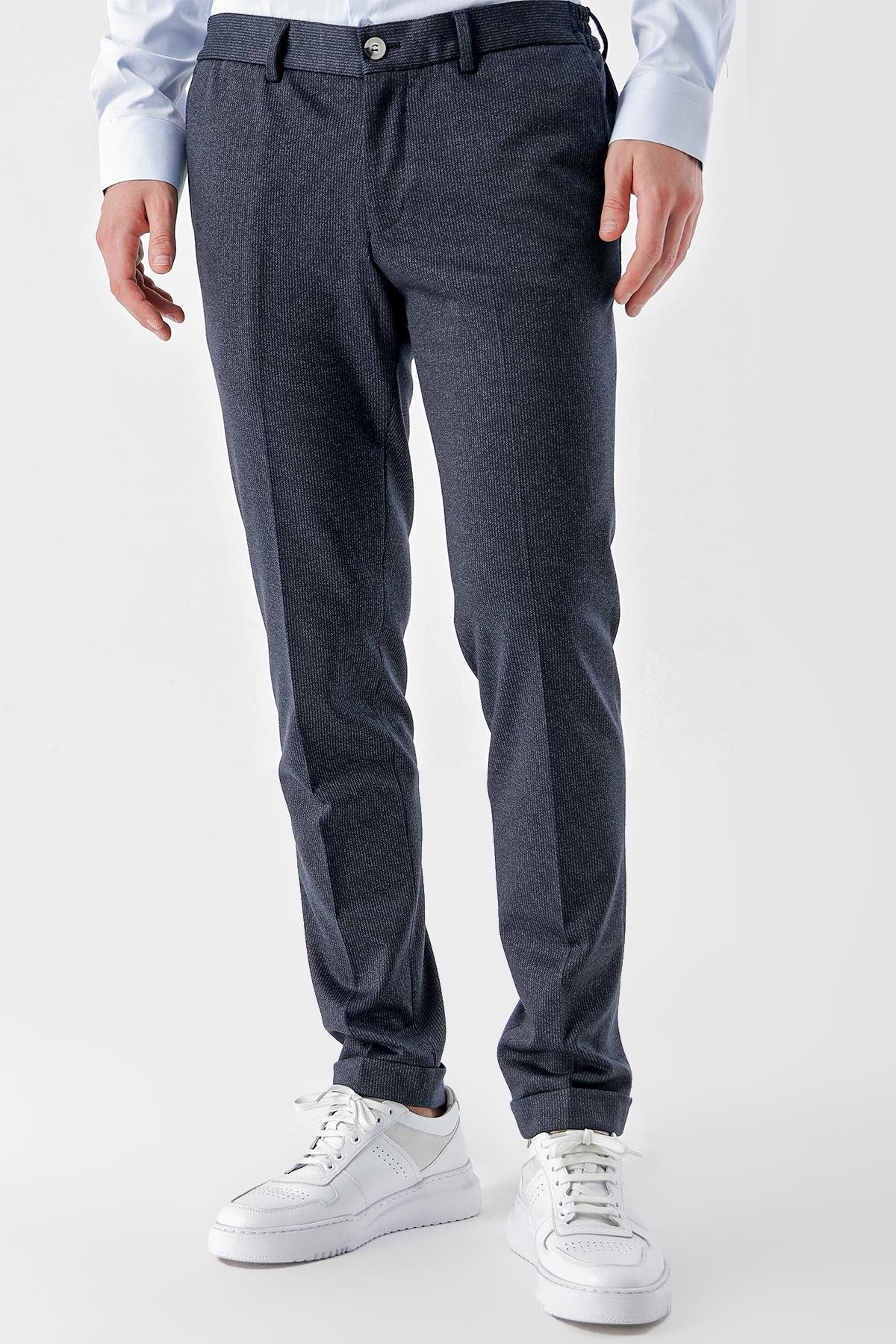 Morven Erkek Lacivert Poliviskon Trend Desenli Slim Fit Classic Pantolon