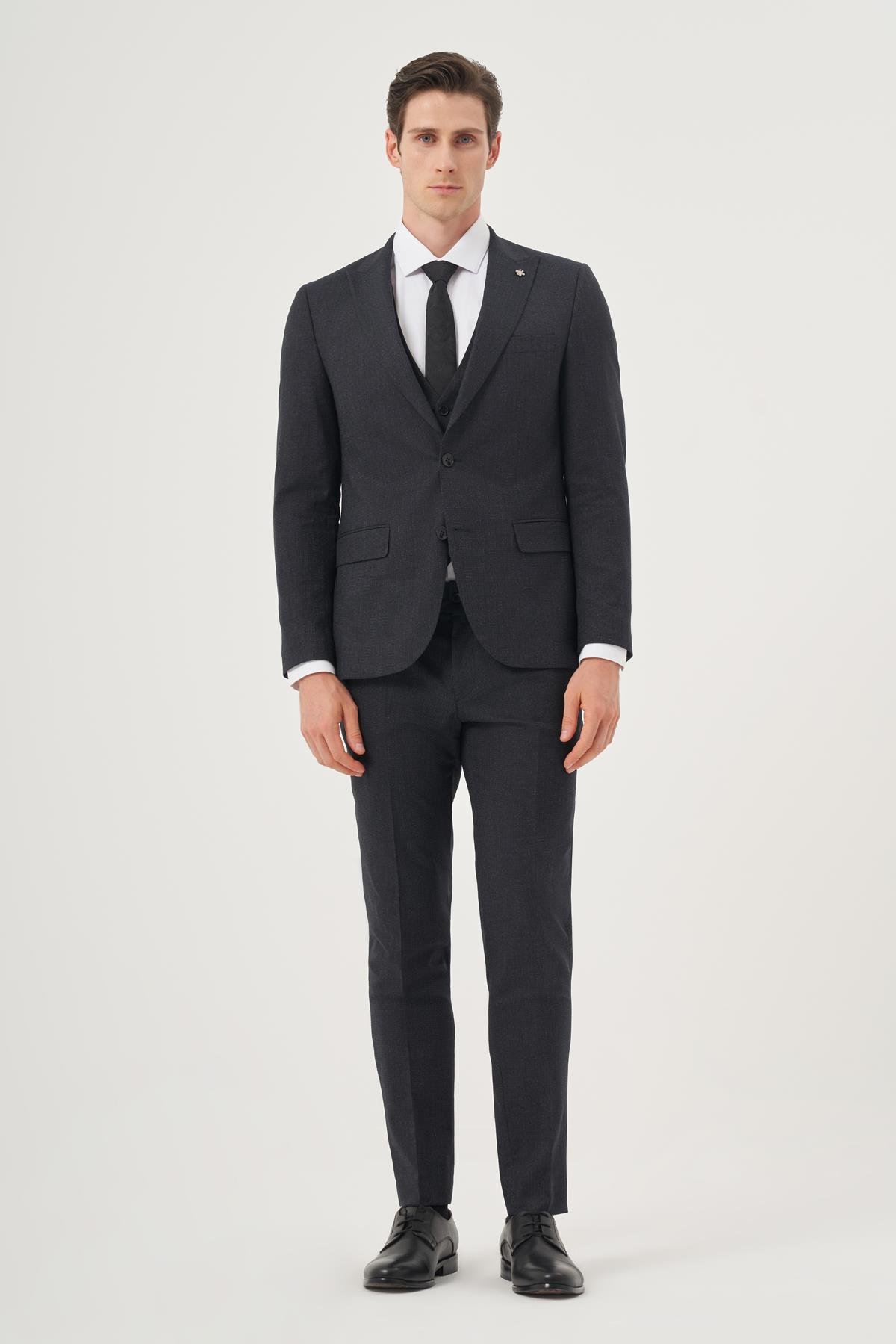 Morven Erkek Lacivert Poliviskon Trend Desenli Slim Fit Sivri Yaka Yelekli Takım Elbise