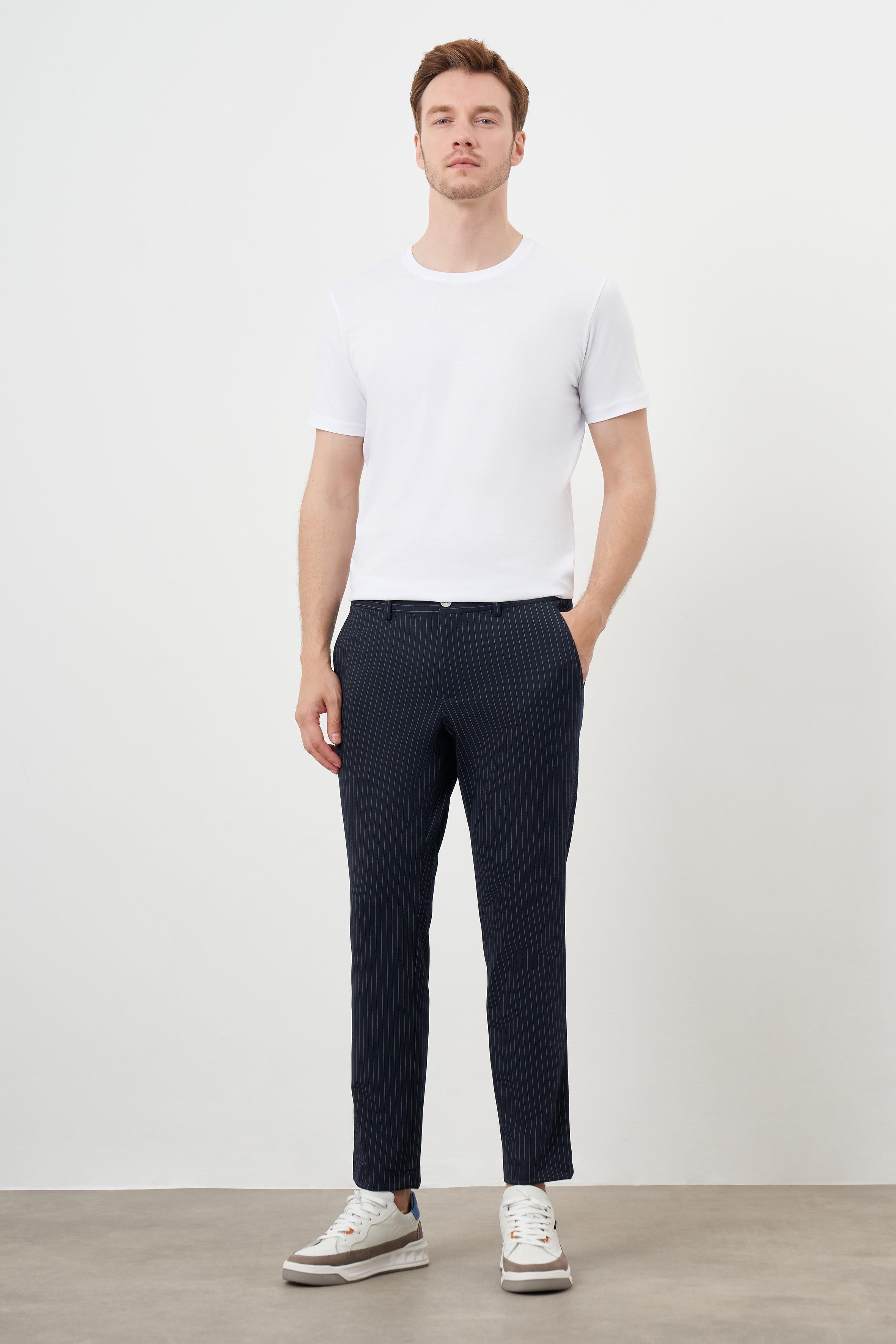 Morven Erkek Lacivert Poliviskon Trend Çizgili Slim Fit Örme Spor Pantolon