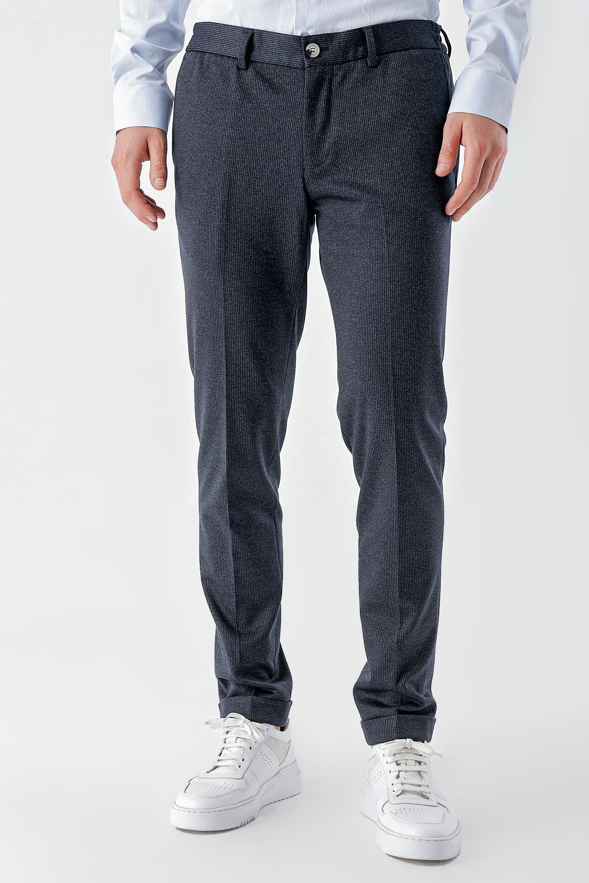 Morven Erkek Lacivert Poliviskon Trend Desenli Slim Fit Classic Pantolon