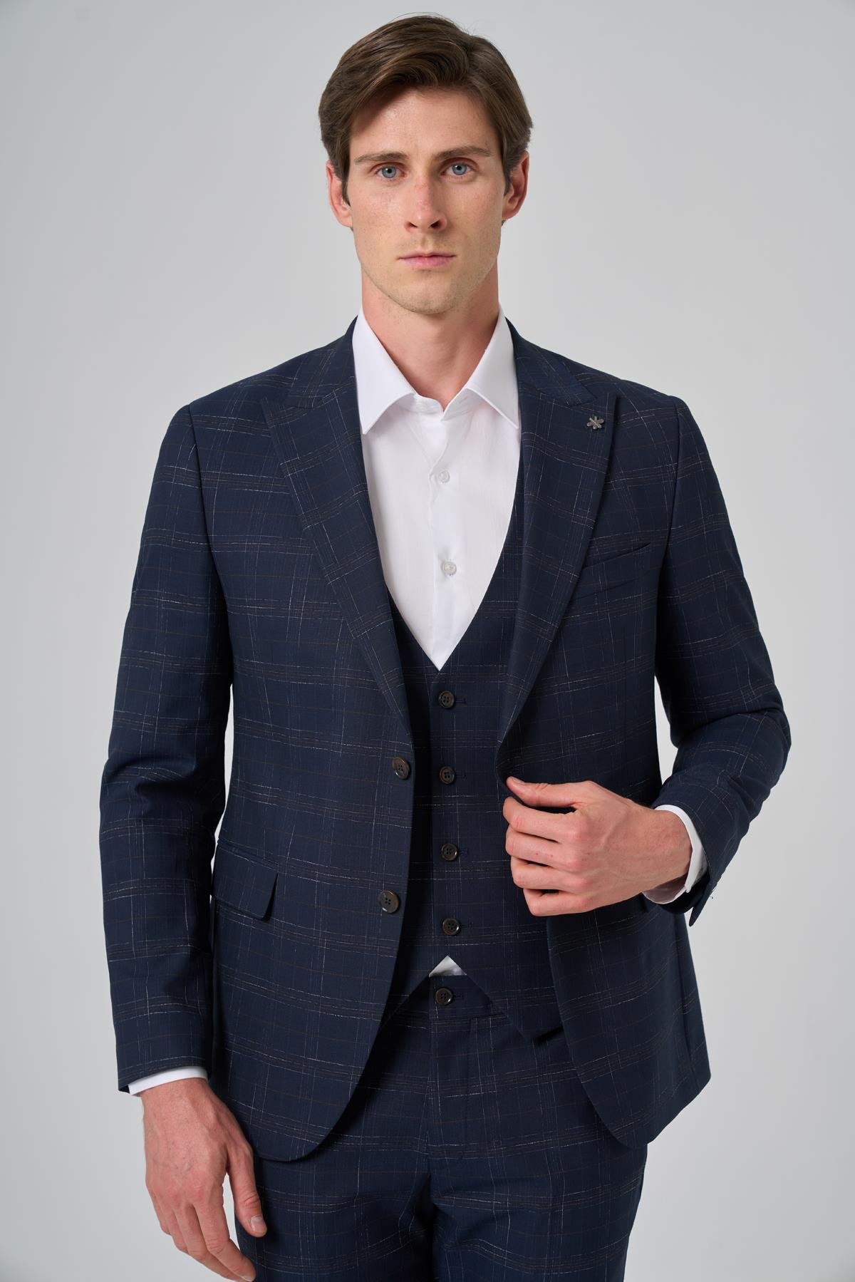 Morven Erkek Lacivert Poliviskon Trend Yelekli Ekoseli Slim Fit Sivri Yaka Takım Elbise