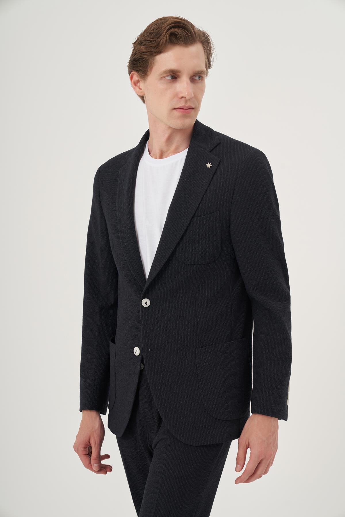 Morven Erkek Lacivert Poliviskon Trend Çizgili Slim Fit Mono Yaka Takım Elbise