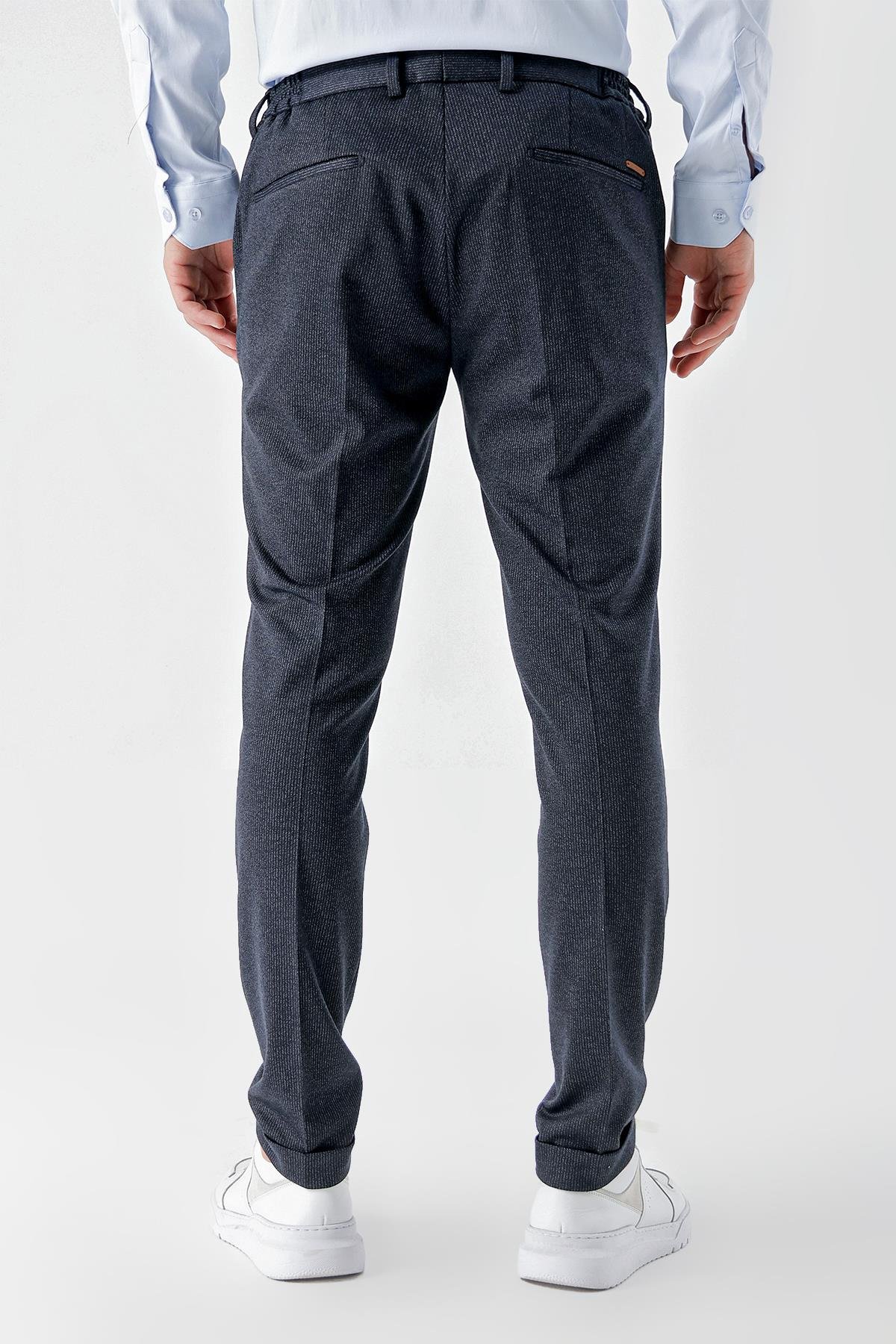 Morven Erkek Lacivert Poliviskon Trend Desenli Slim Fit Classic Pantolon