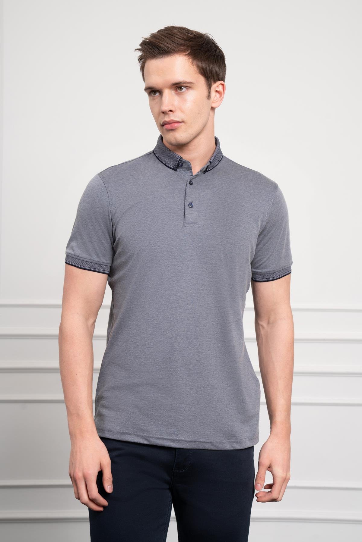 Morven Erkek Lacivert Trend Merserize Düz Düğmeli Yaka Dynamic Fit T-Shirt