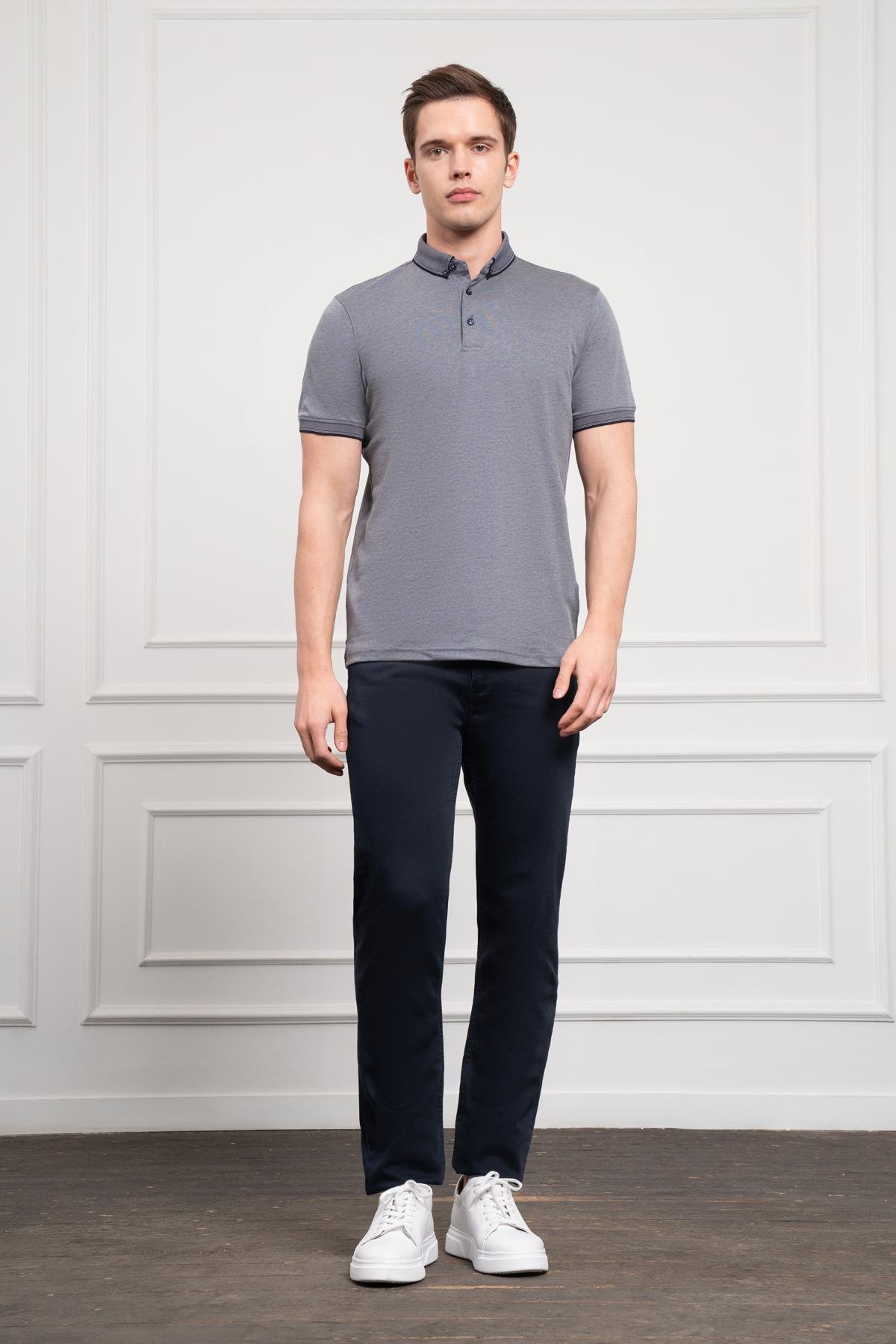 Morven Erkek Lacivert Trend Merserize Düz Düğmeli Yaka Dynamic Fit T-Shirt