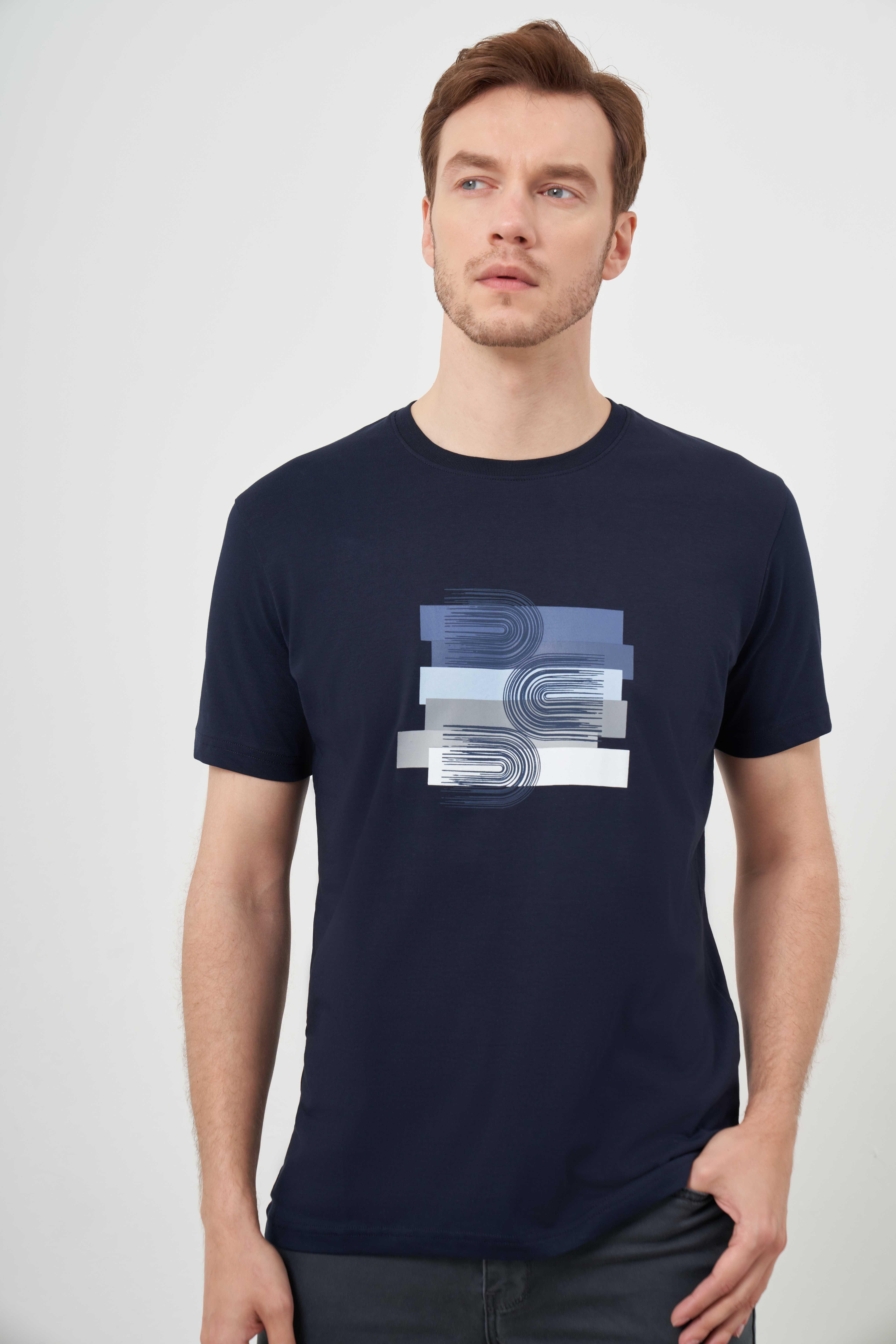 Morven Erkek Lacivert Trend Süprem Baskılı Bisiklet Yaka Dynamic Fit T-Shirt