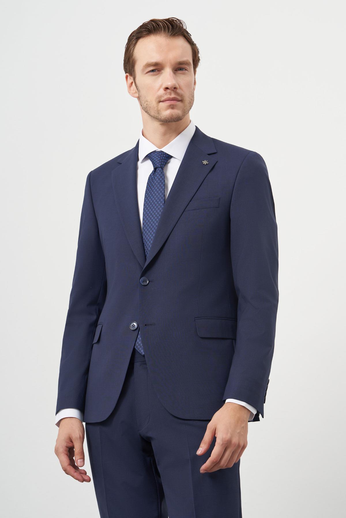 Morven Erkek Lacivert Yün Slim Fit Mono Yaka Takım Elbise