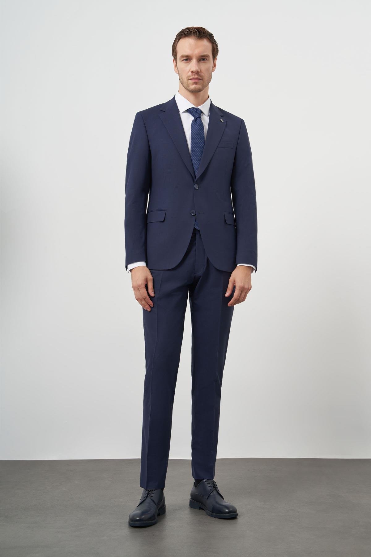 Morven Erkek Lacivert Yün Slim Fit Mono Yaka Takım Elbise
