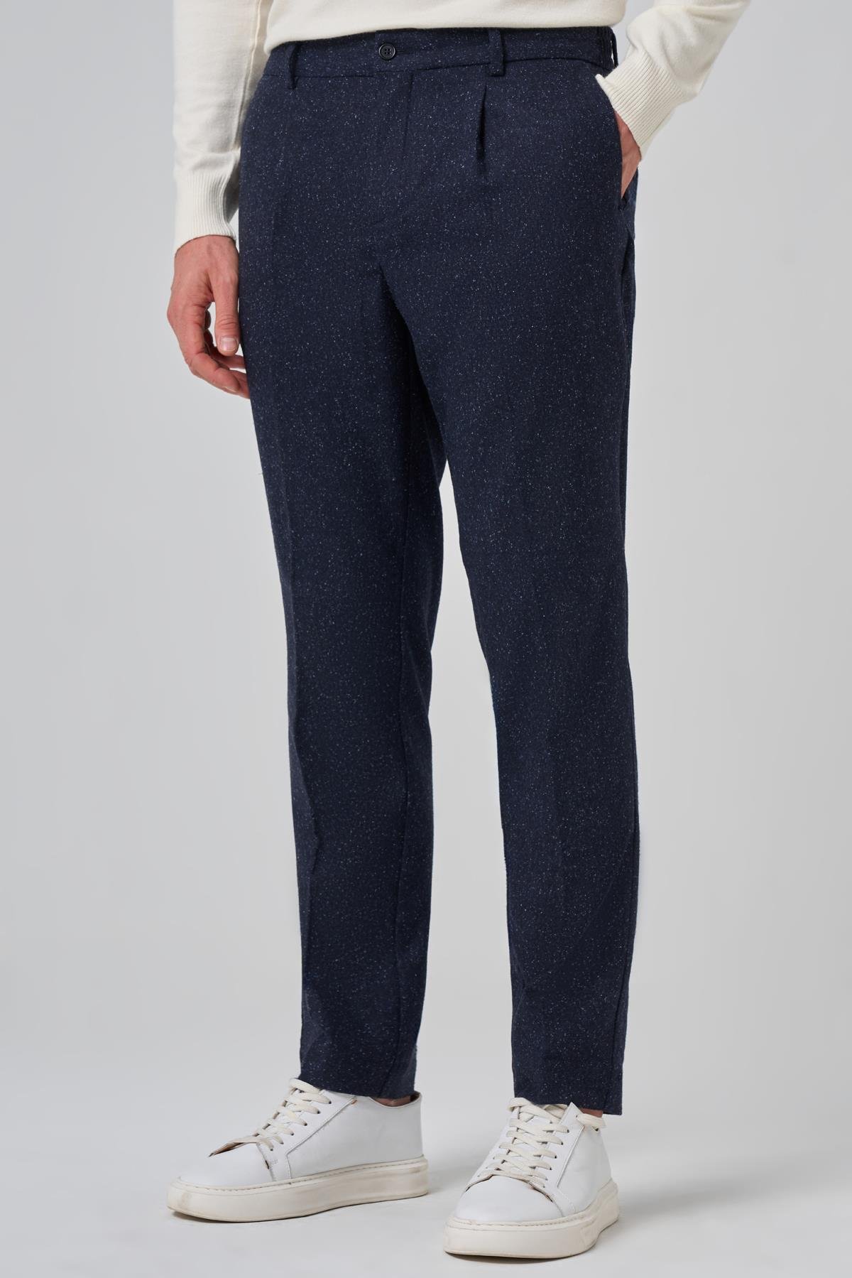 Morven Erkek Lacivert Yünlü Trend Desenli Slim Fit Pantolon