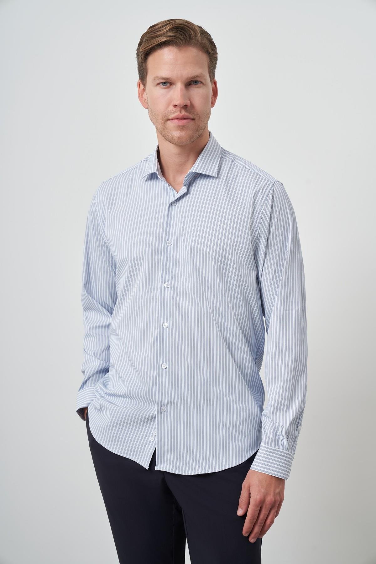 Morven Erkek Marine Çizgi Desen Trend Slim Fit Gömlek