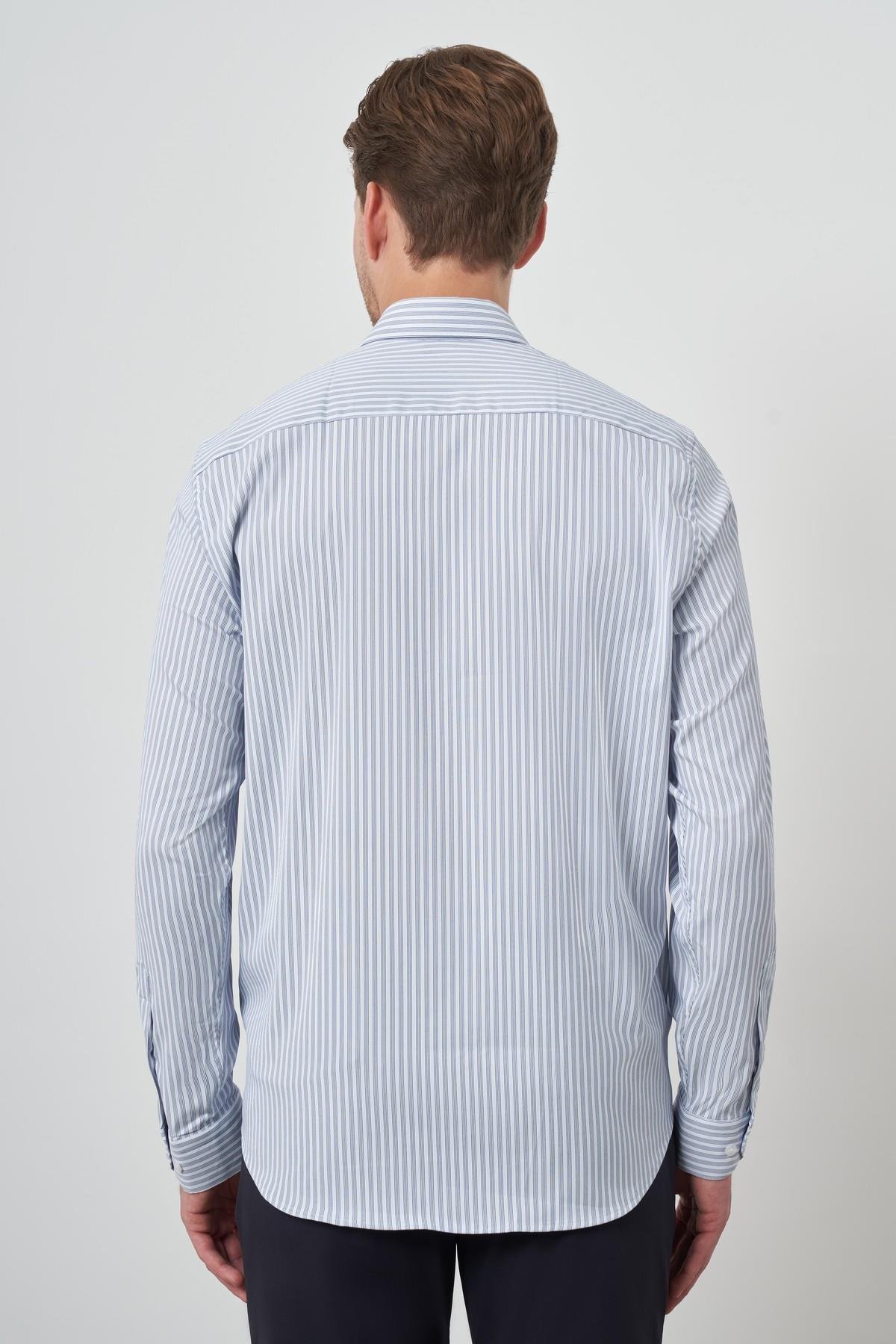 Morven Erkek Marine Çizgi Desen Trend Slim Fit Gömlek