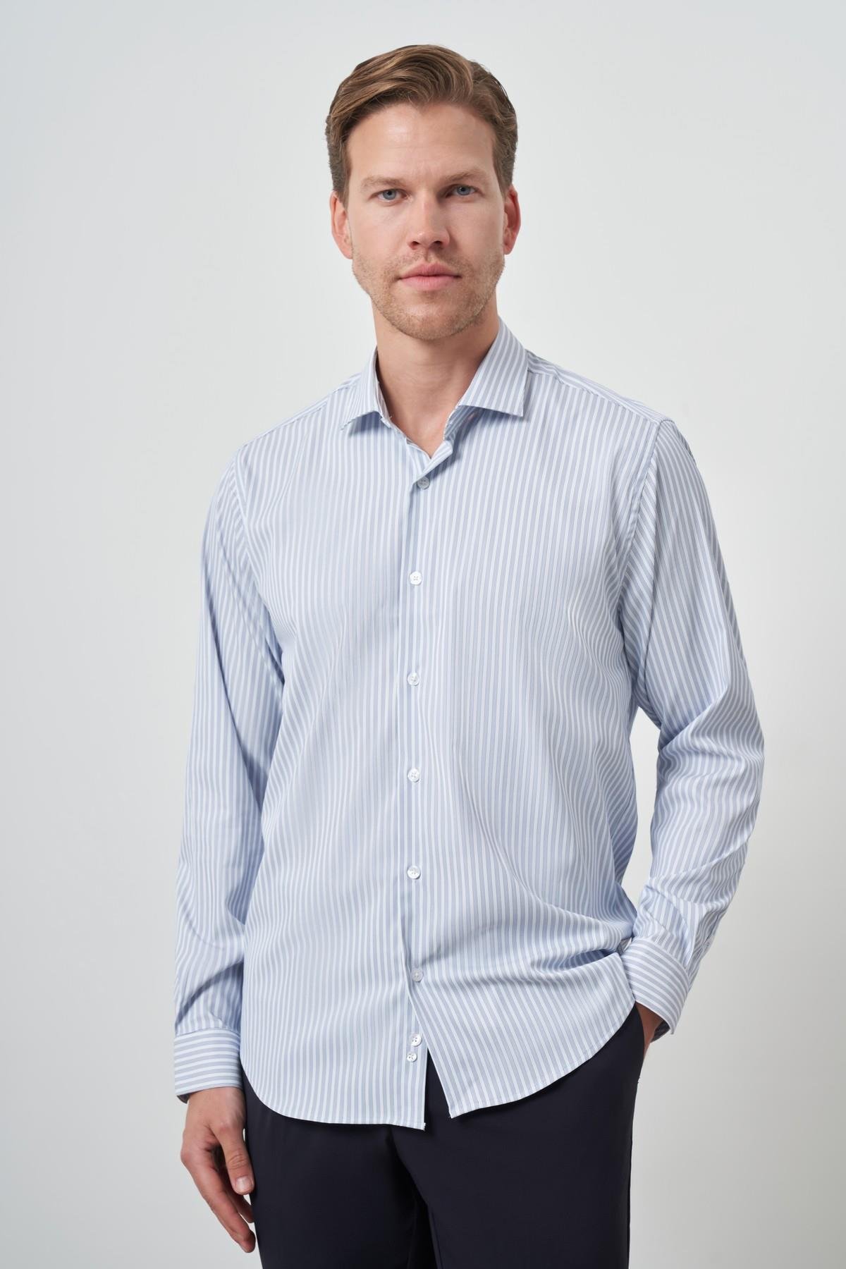 Morven Erkek Marine Çizgi Desen Trend Slim Fit Gömlek