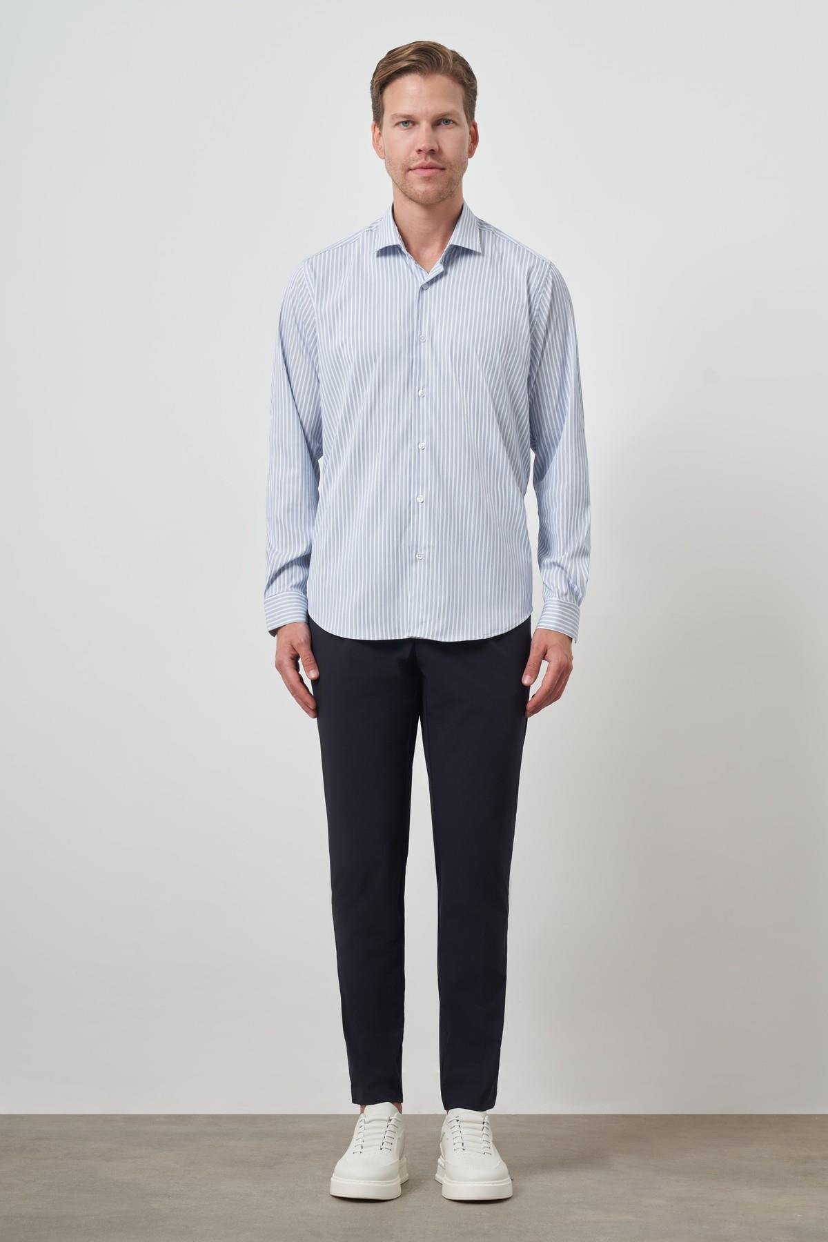 Morven Erkek Marine Çizgi Desen Trend Slim Fit Gömlek
