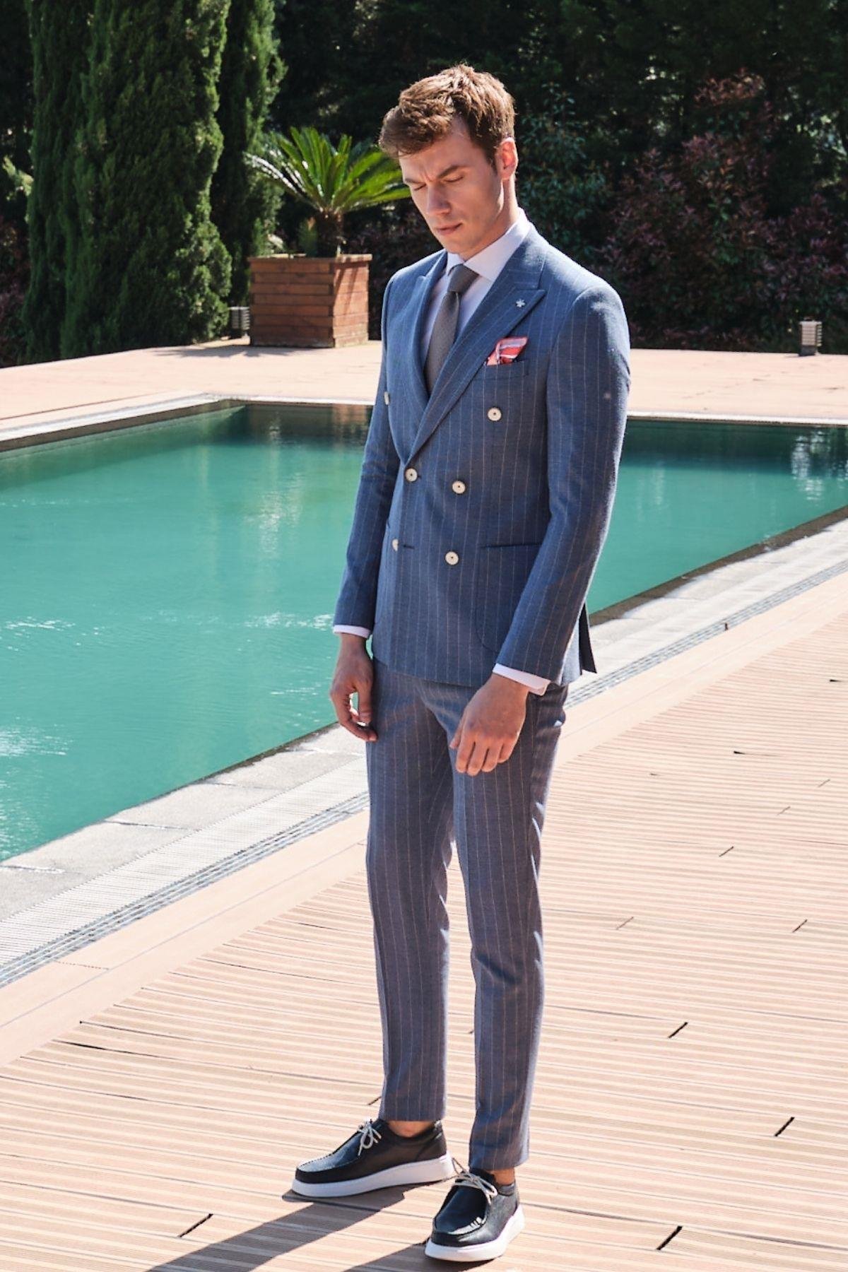 Morven Erkek Mavi Keten Çizgilii Kruvaze Slim Fit Takım Elbise
