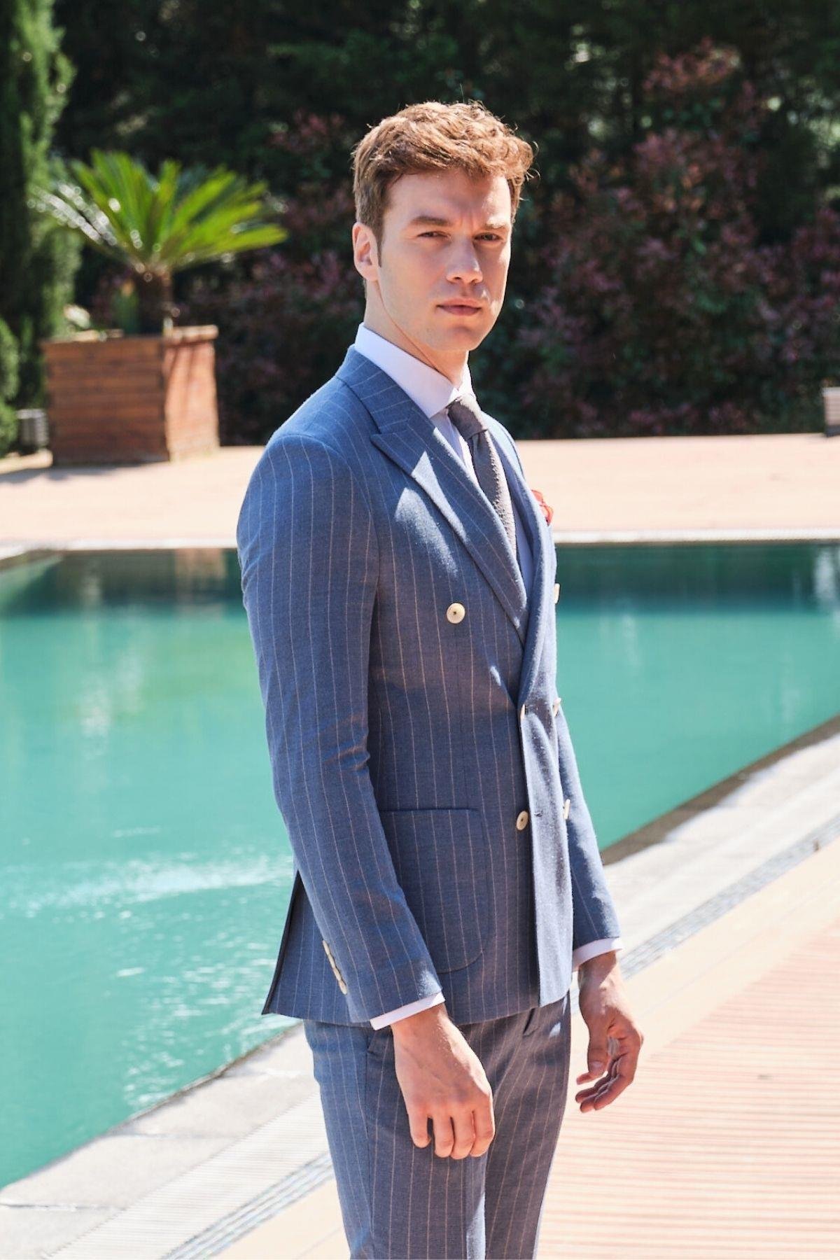 Morven Erkek Mavi Keten Çizgilii Kruvaze Slim Fit Takım Elbise