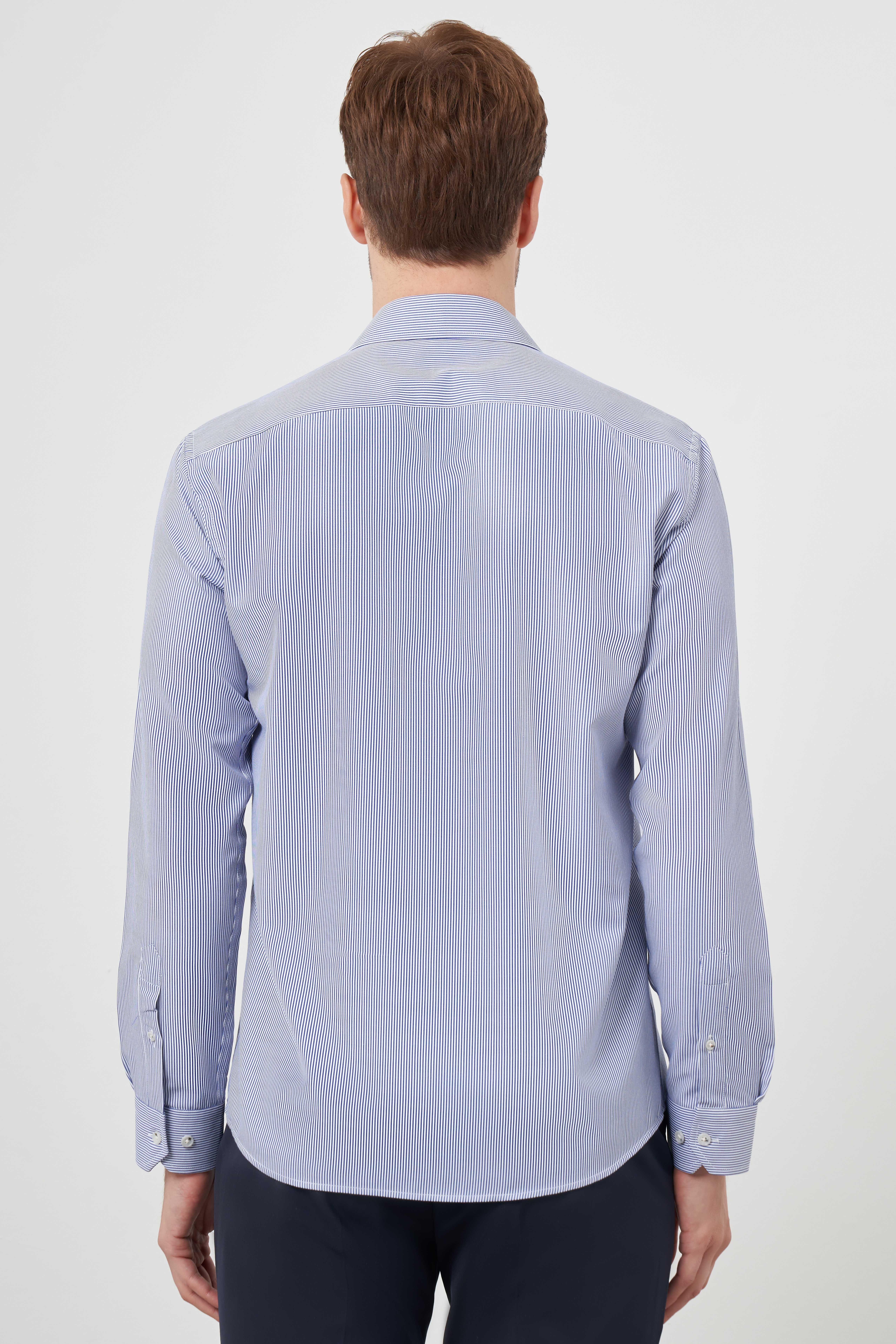 Morven Erkek Mavi Slim Fit Çizgili Desen Sert Yaka Gömlek