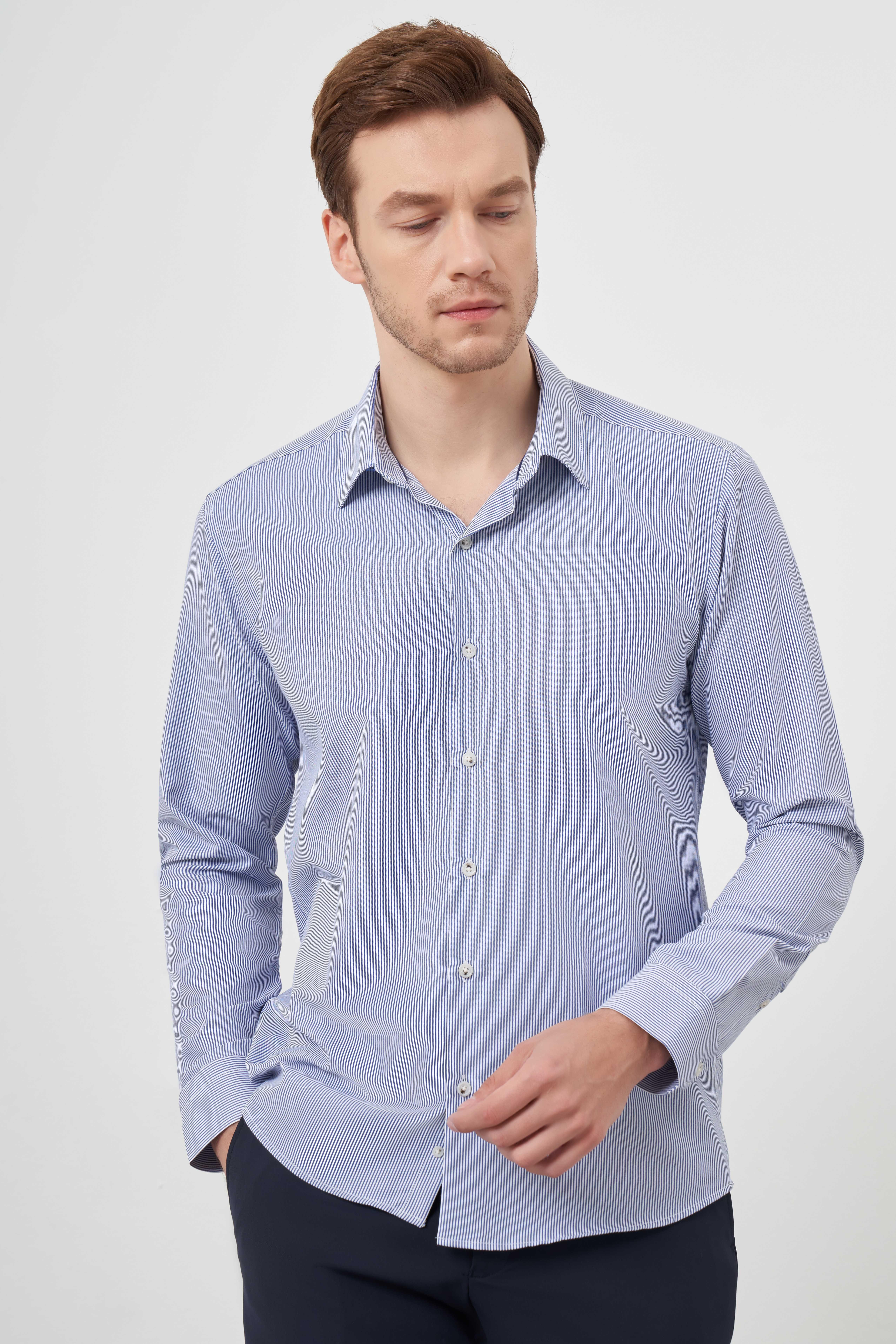 Morven Erkek Mavi Slim Fit Çizgili Desen Sert Yaka Gömlek