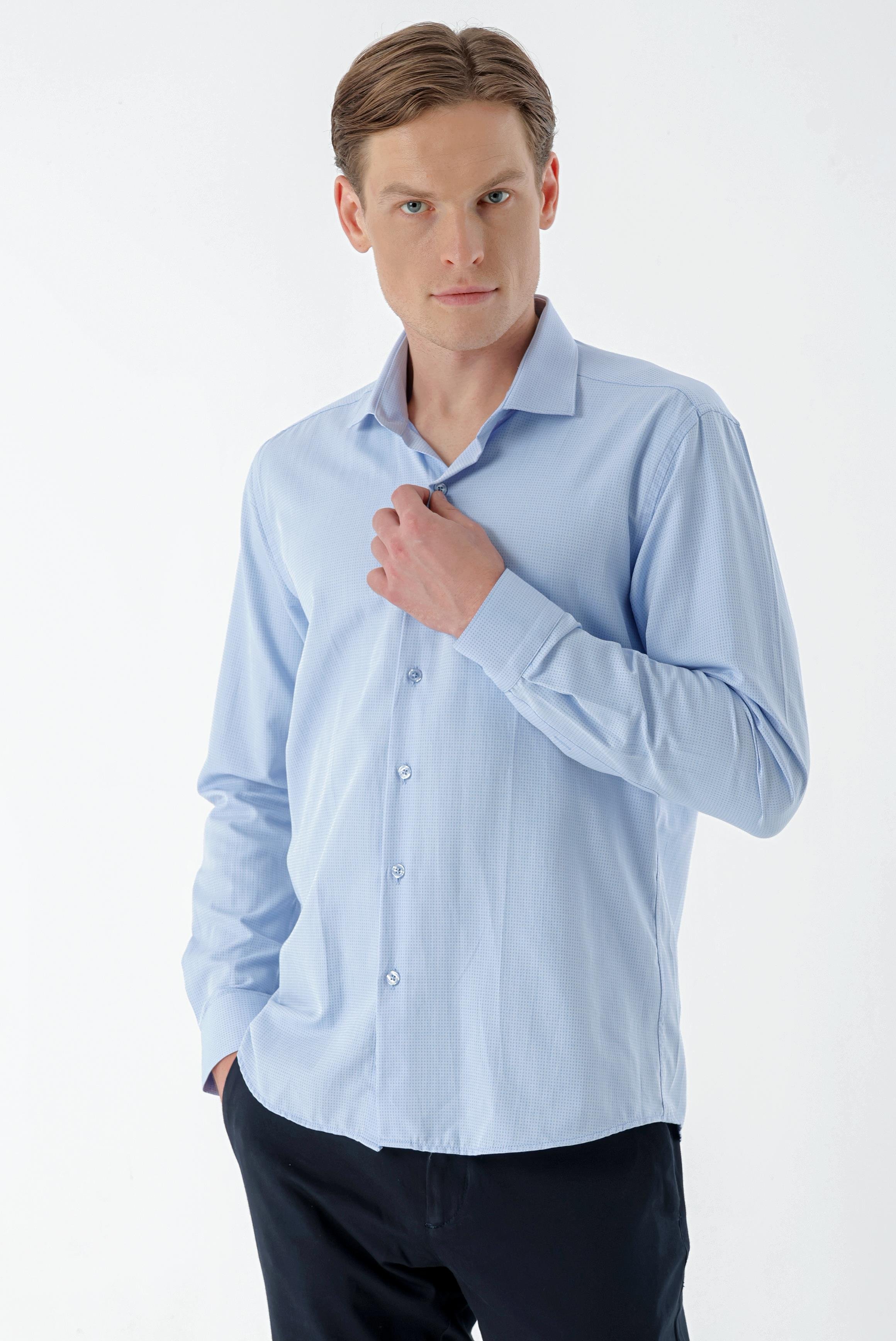 Morven Erkek Mavi Trend Baskılı Desenli İtalyan Yaka Slim Fit Gömlek