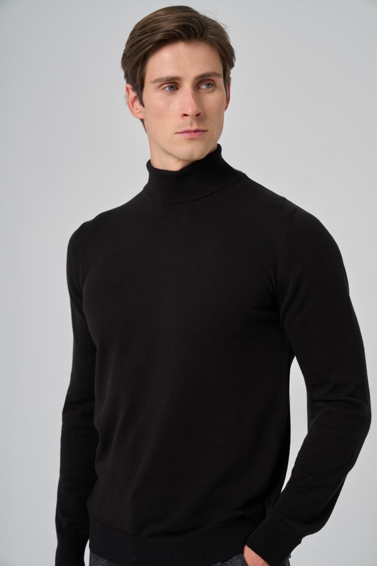 Morven Erkek Siyah Basic Balıkçı Yaka Dynamic Fit Rahat Kesim Triko