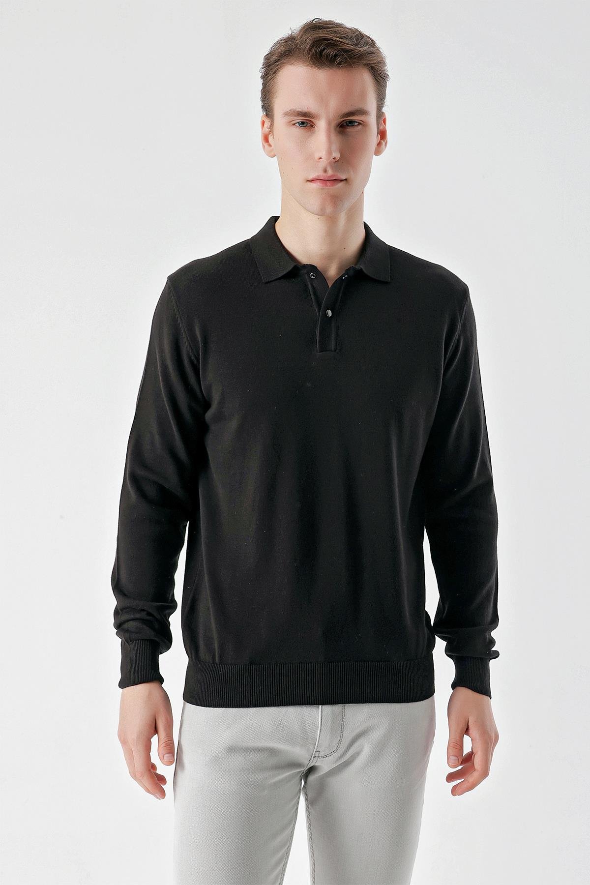 Morven Erkek Siyah Basic Polo Yaka Dynamic Fit Rahat Kesim Triko