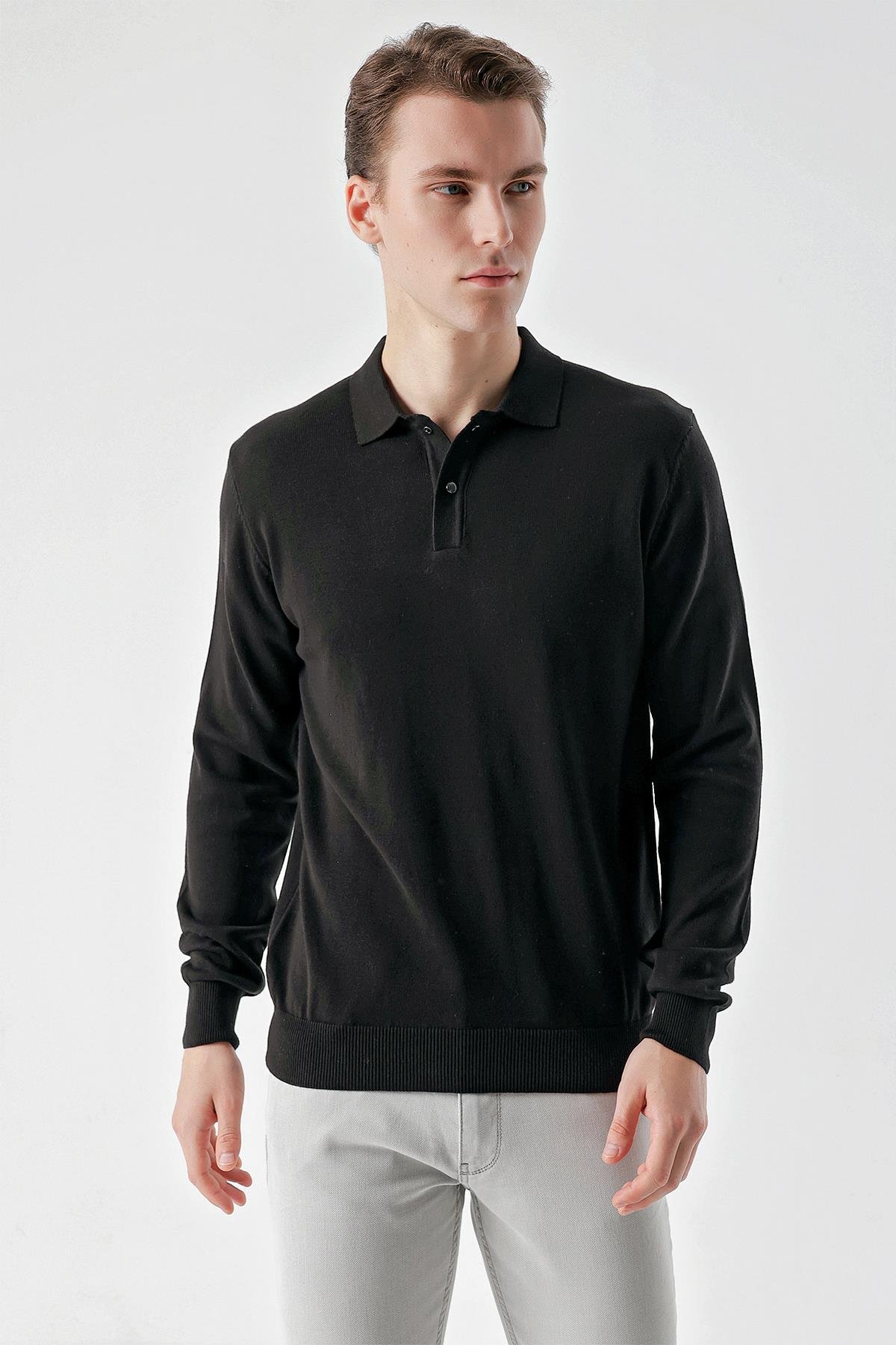 Morven Erkek Siyah Basic Polo Yaka Dynamic Fit Rahat Kesim Triko