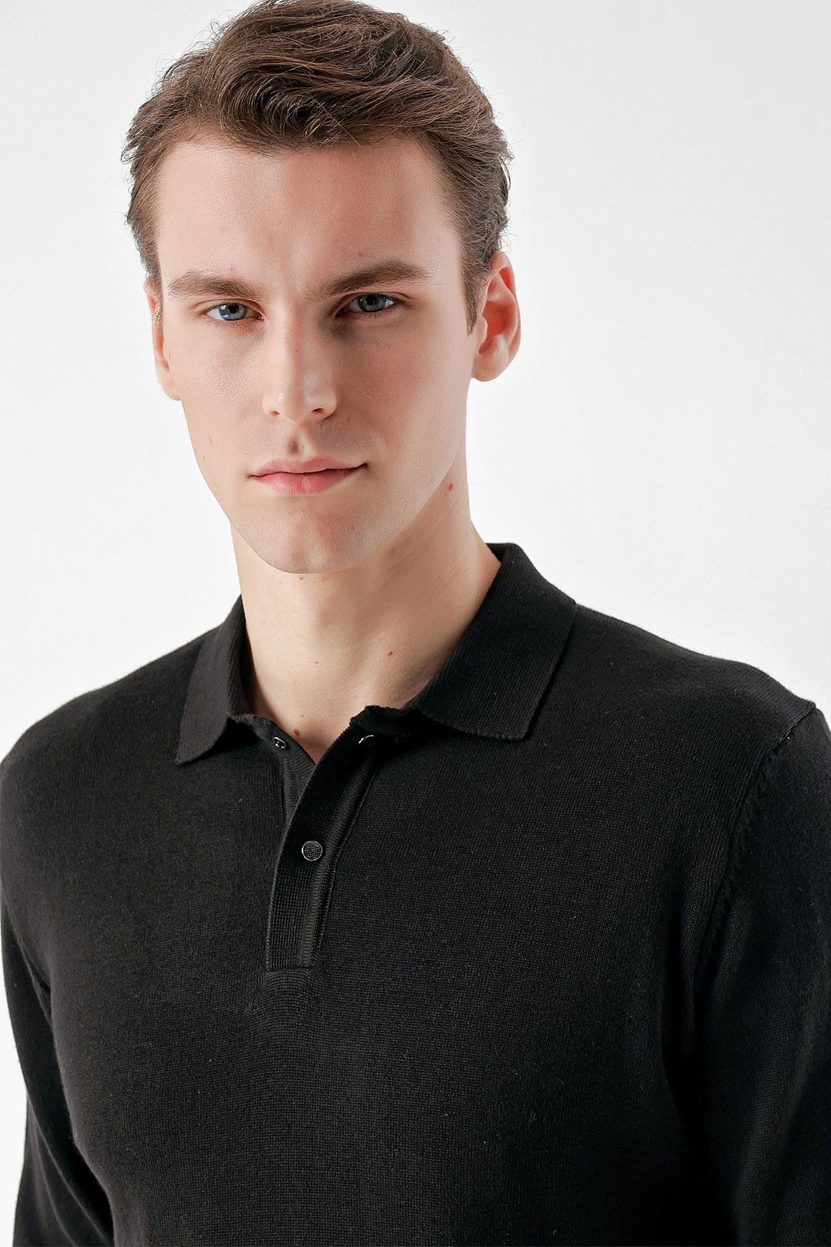 Morven Erkek Siyah Basic Polo Yaka Dynamic Fit Rahat Kesim Triko