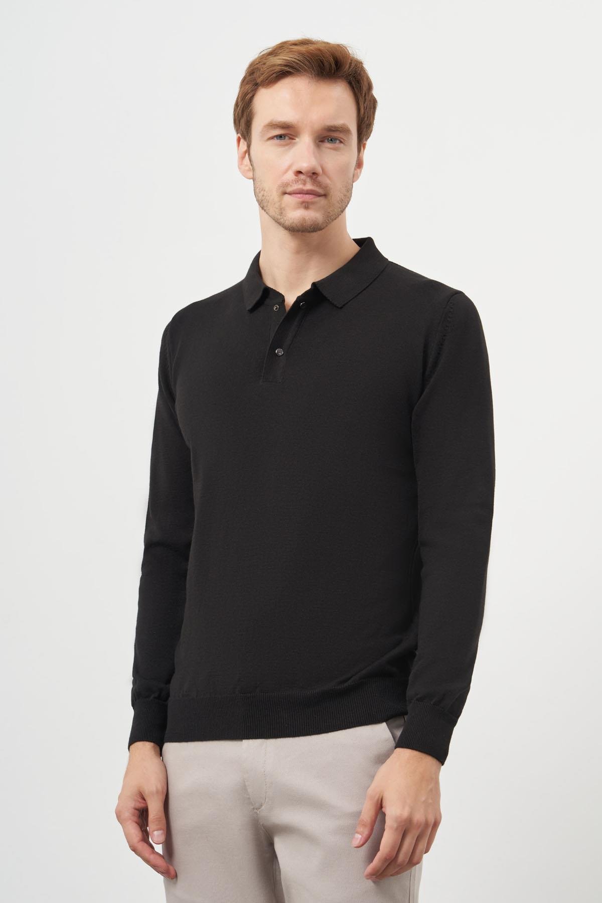Morven Erkek Siyah Basic Polo Yaka Dynamic Fit Rahat Kesim Triko