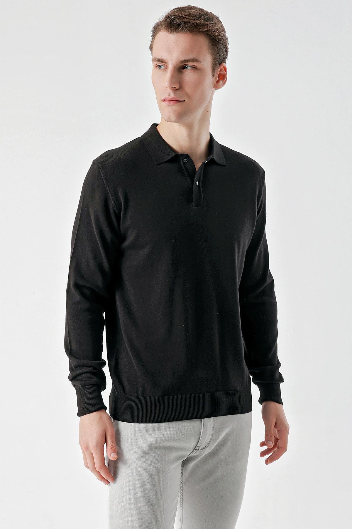 Morven Erkek Siyah Basic Polo Yaka Dynamic Fit Rahat Kesim Triko