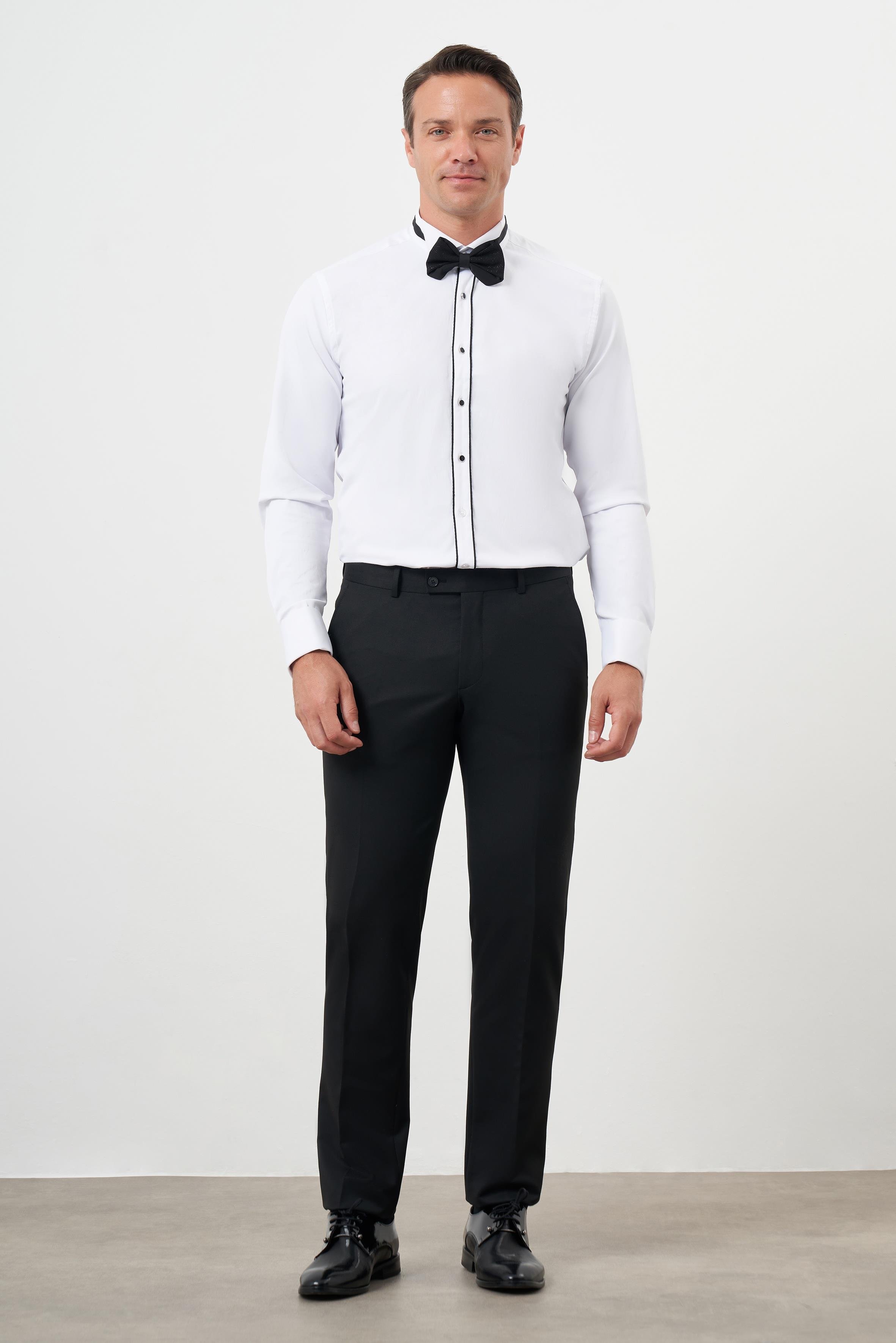 Morven Erkek Siyah Biyeli Düz Desen Ata Yaka Slim Fit Gömlek