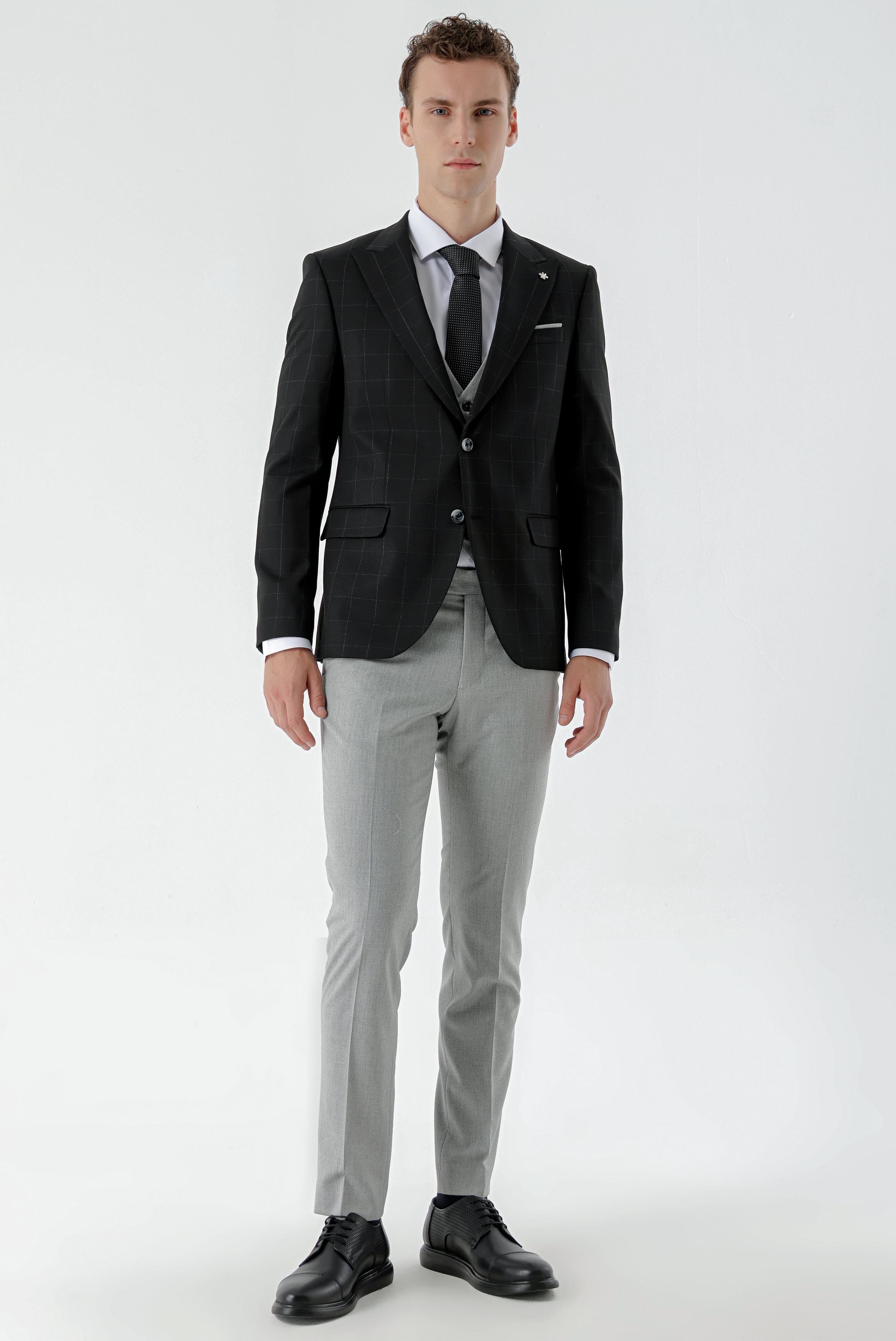 Morven Erkek Siyah Kareli Kombinli Slim Fit Takım Elbise