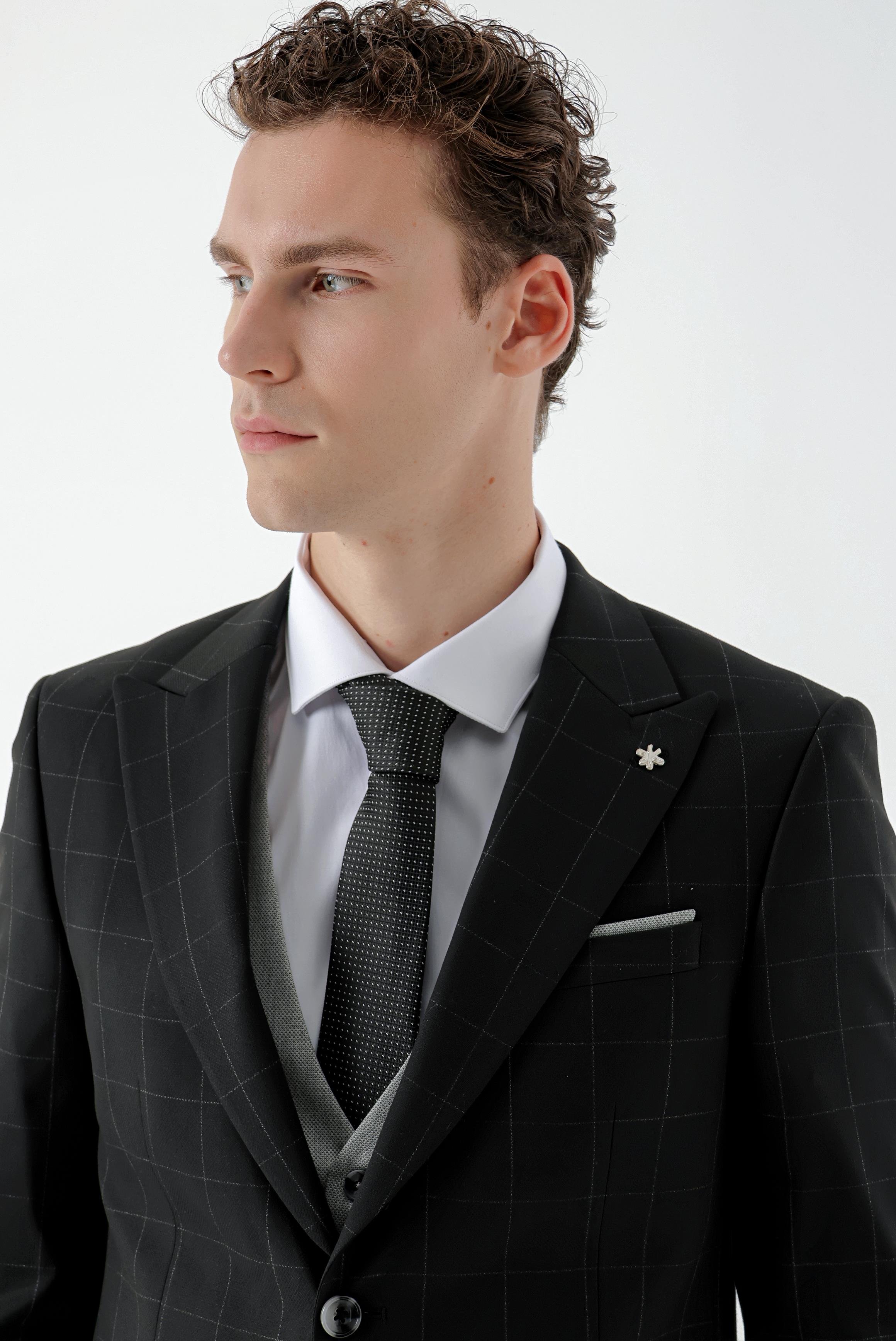 Morven Erkek Siyah Kareli Kombinli Slim Fit Takım Elbise