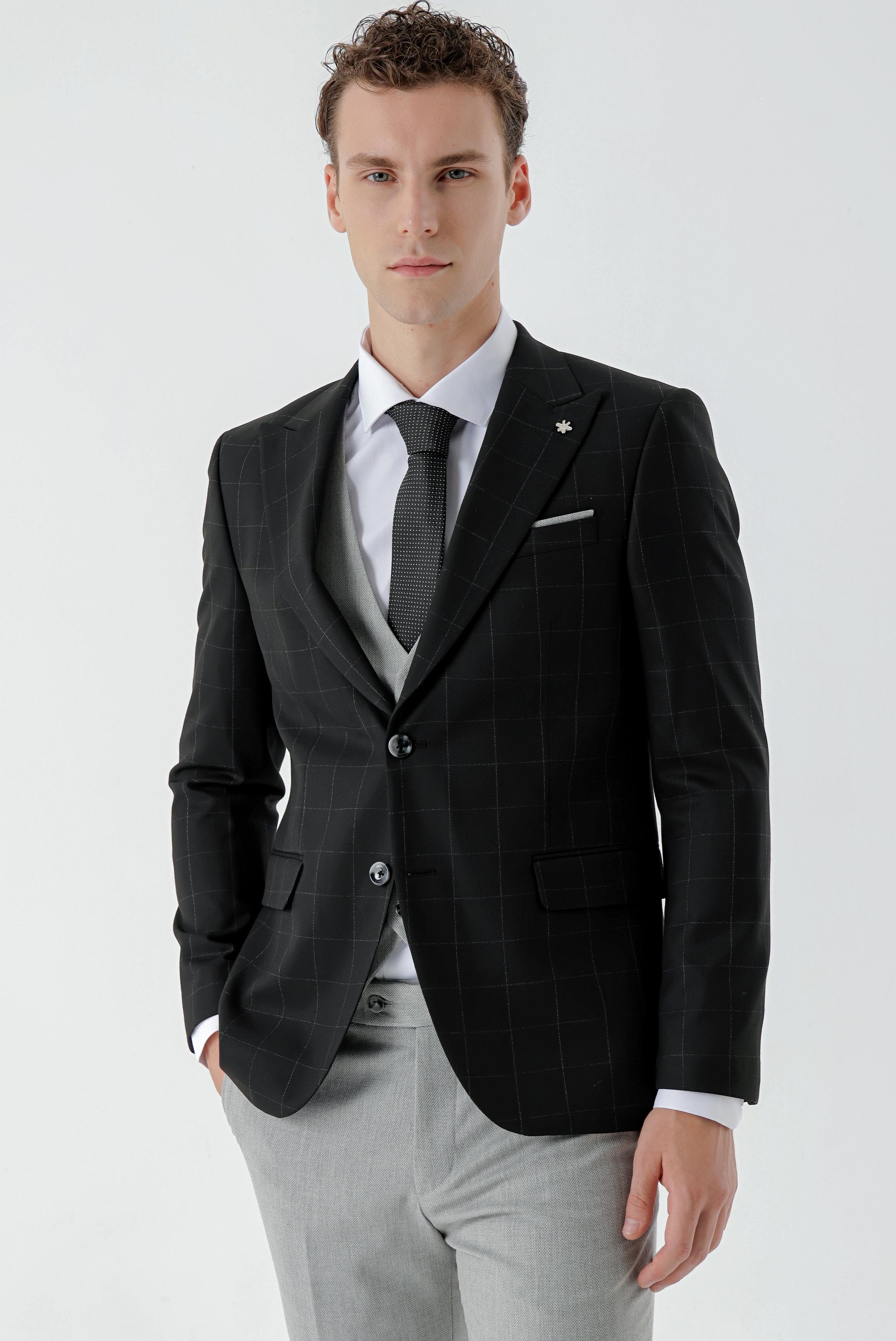 Morven Erkek Siyah Kareli Kombinli Slim Fit Takım Elbise