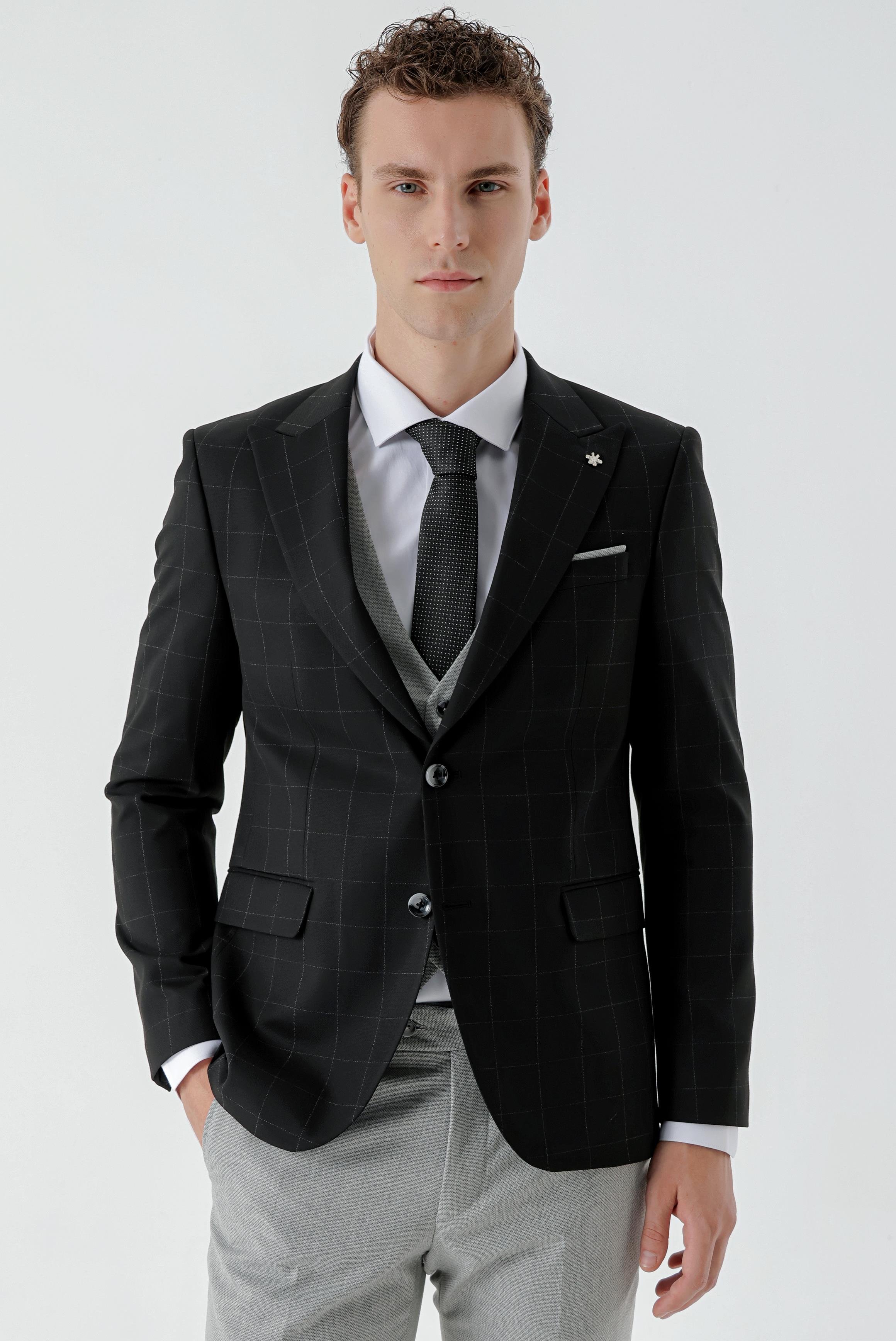Morven Erkek Siyah Kareli Kombinli Slim Fit Takım Elbise
