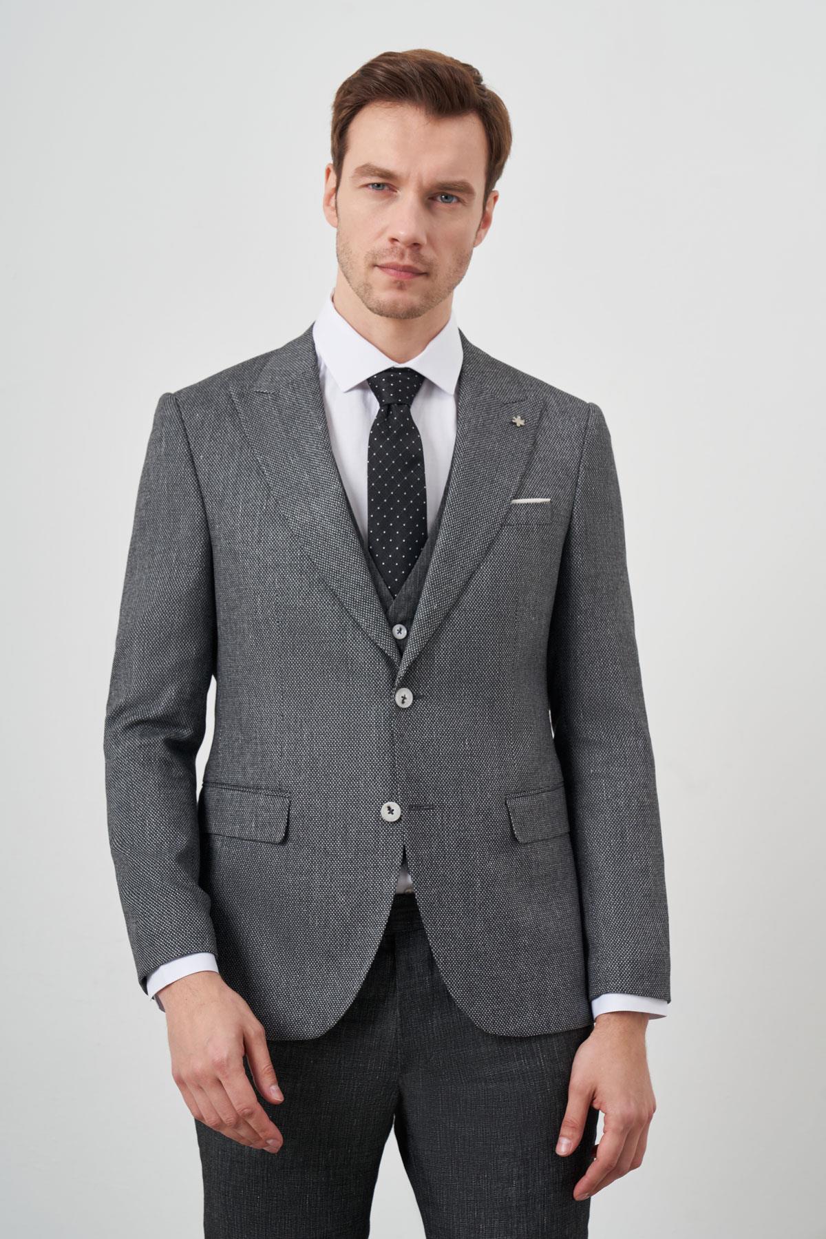Morven Erkek Siyah Keten Kombinli Slim Fit Takım Elbise