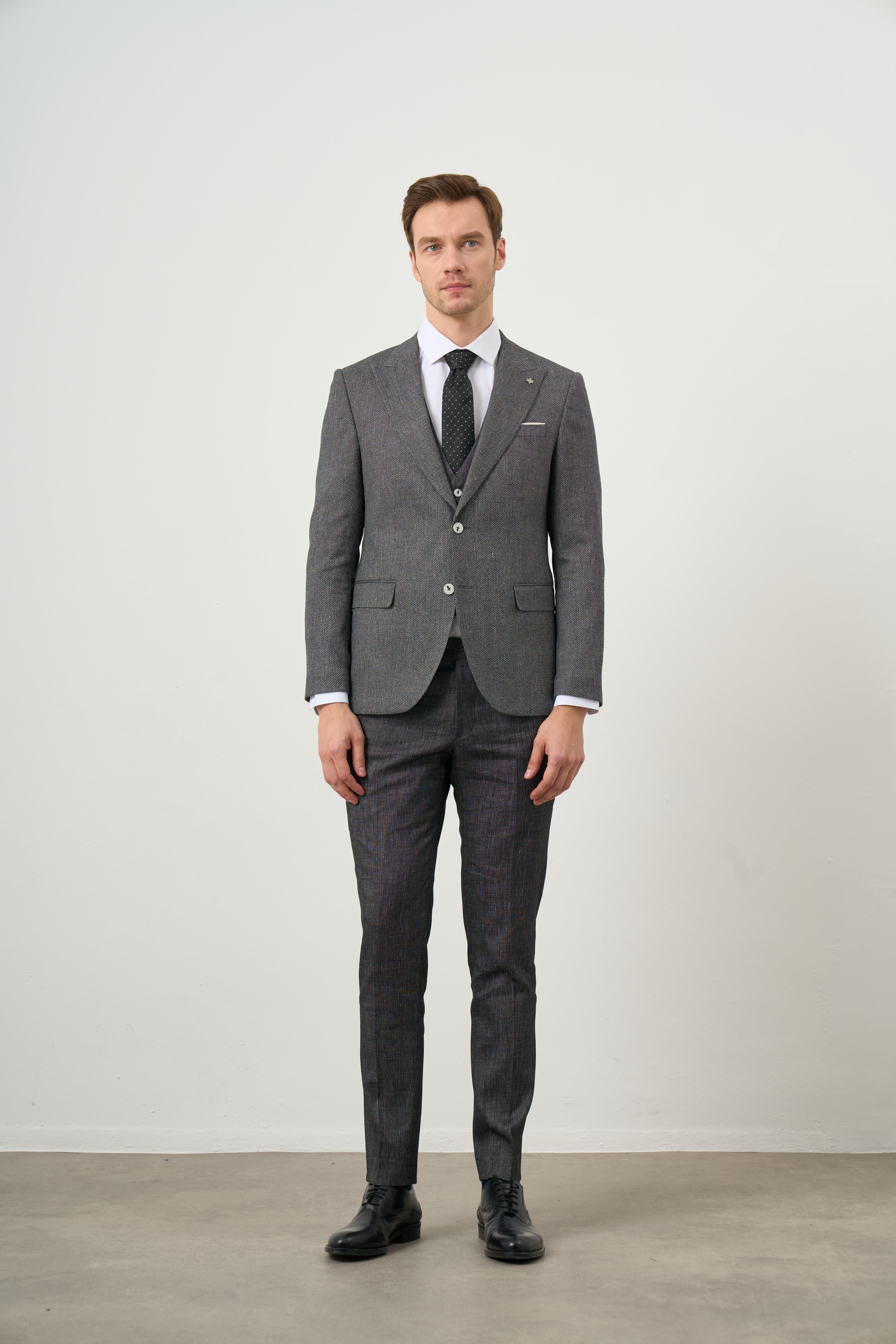 Morven Erkek Siyah Keten Kombinli Slim Fit Takım Elbise
