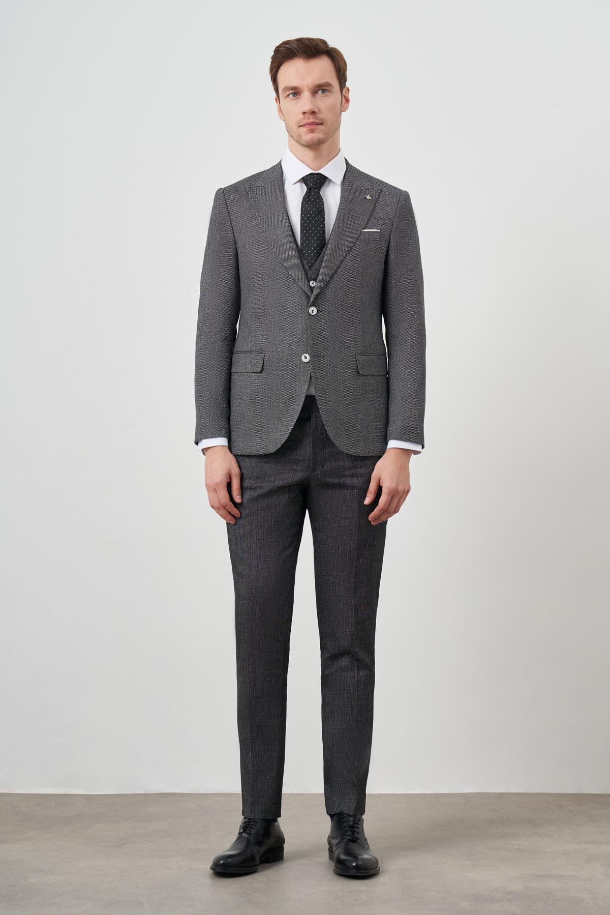 Morven Erkek Siyah Keten Kombinli Slim Fit Takım Elbise