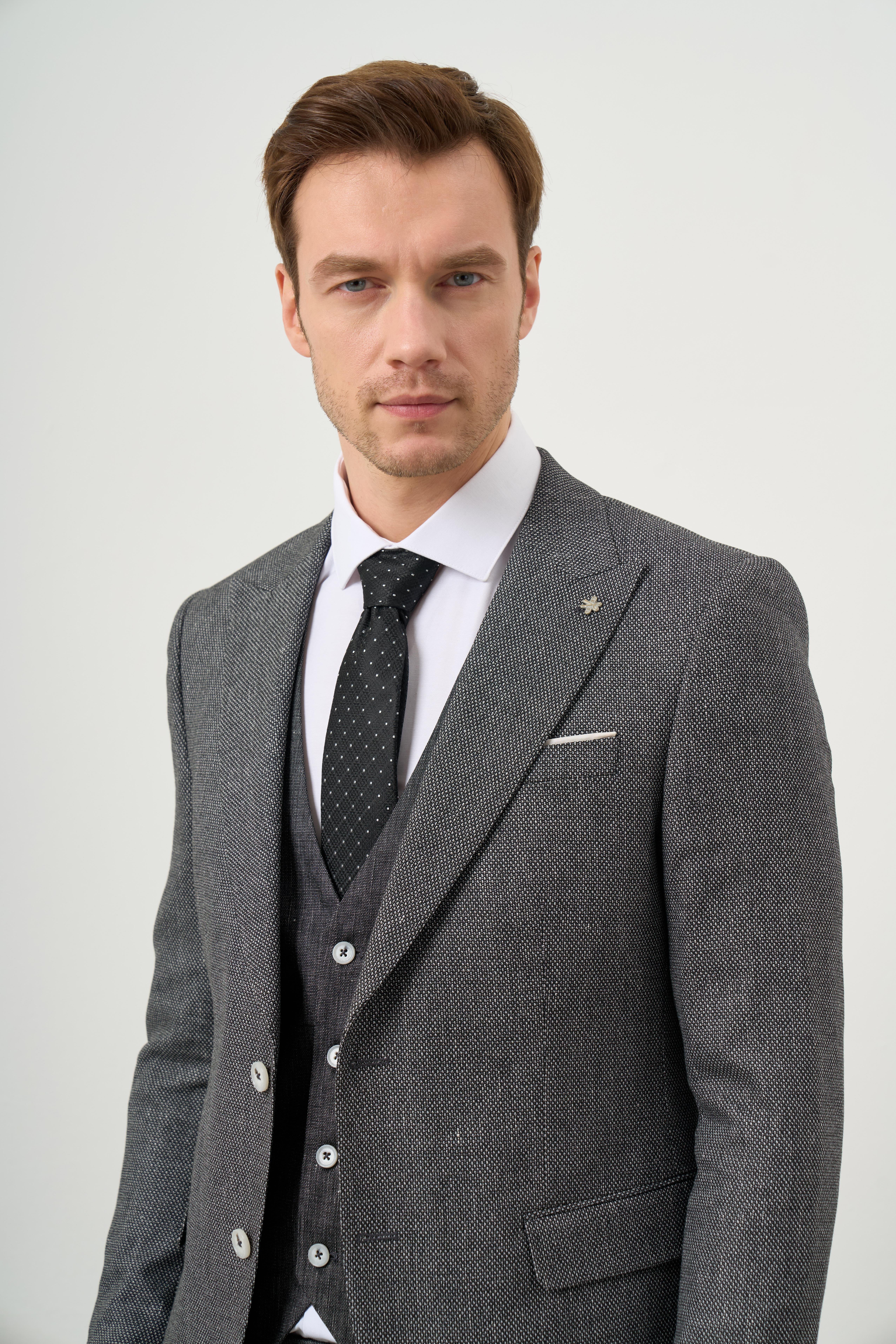 Morven Erkek Siyah Keten Kombinli Slim Fit Takım Elbise