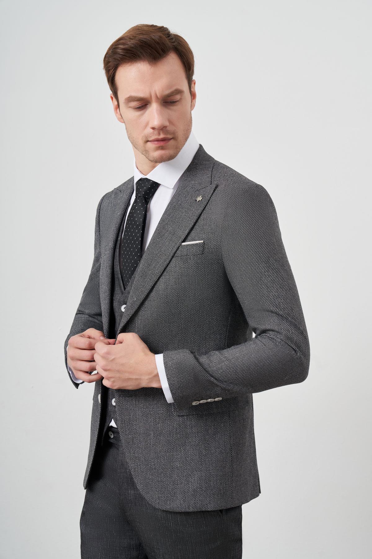 Morven Erkek Siyah Keten Kombinli Slim Fit Takım Elbise