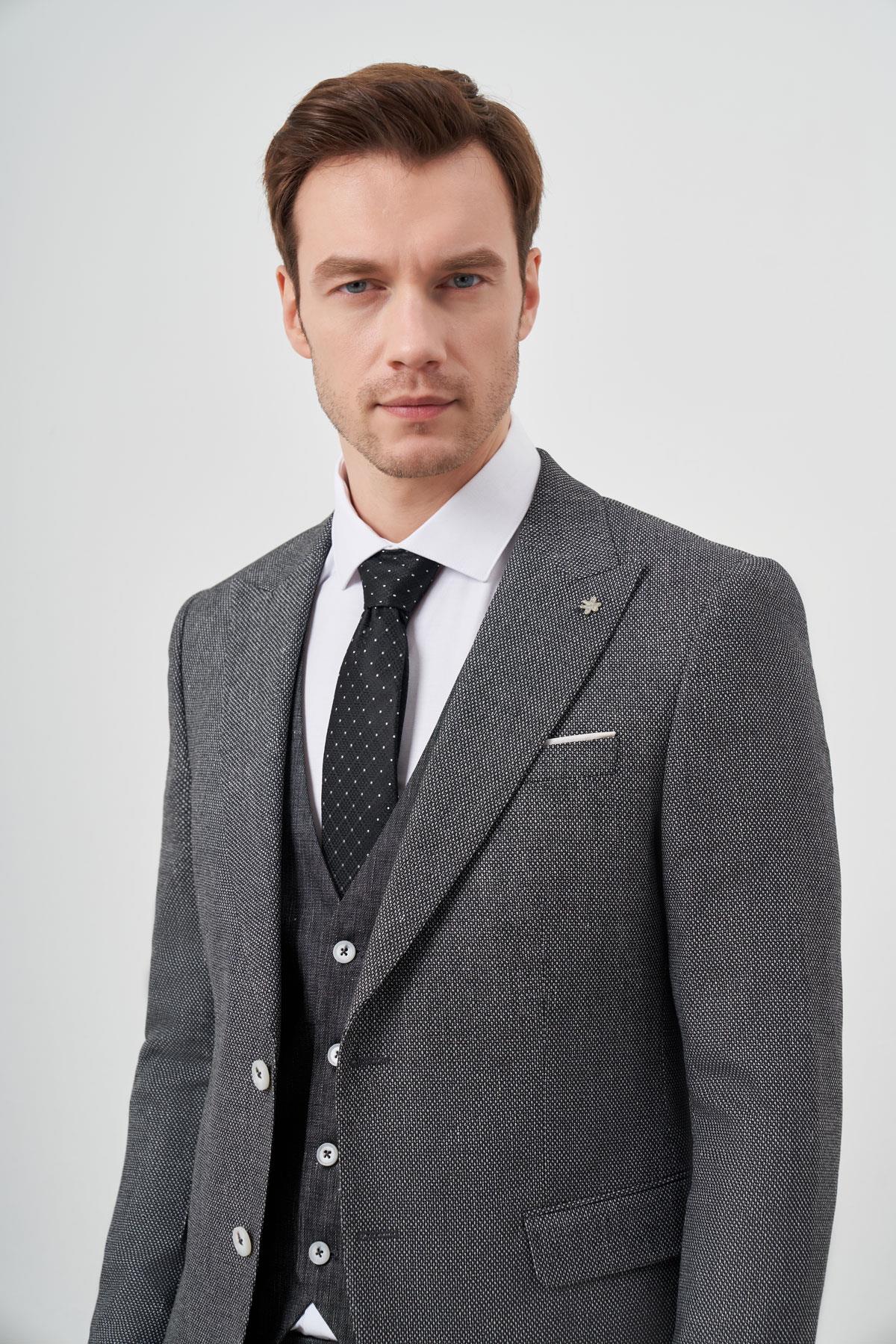 Morven Erkek Siyah Keten Kombinli Slim Fit Takım Elbise