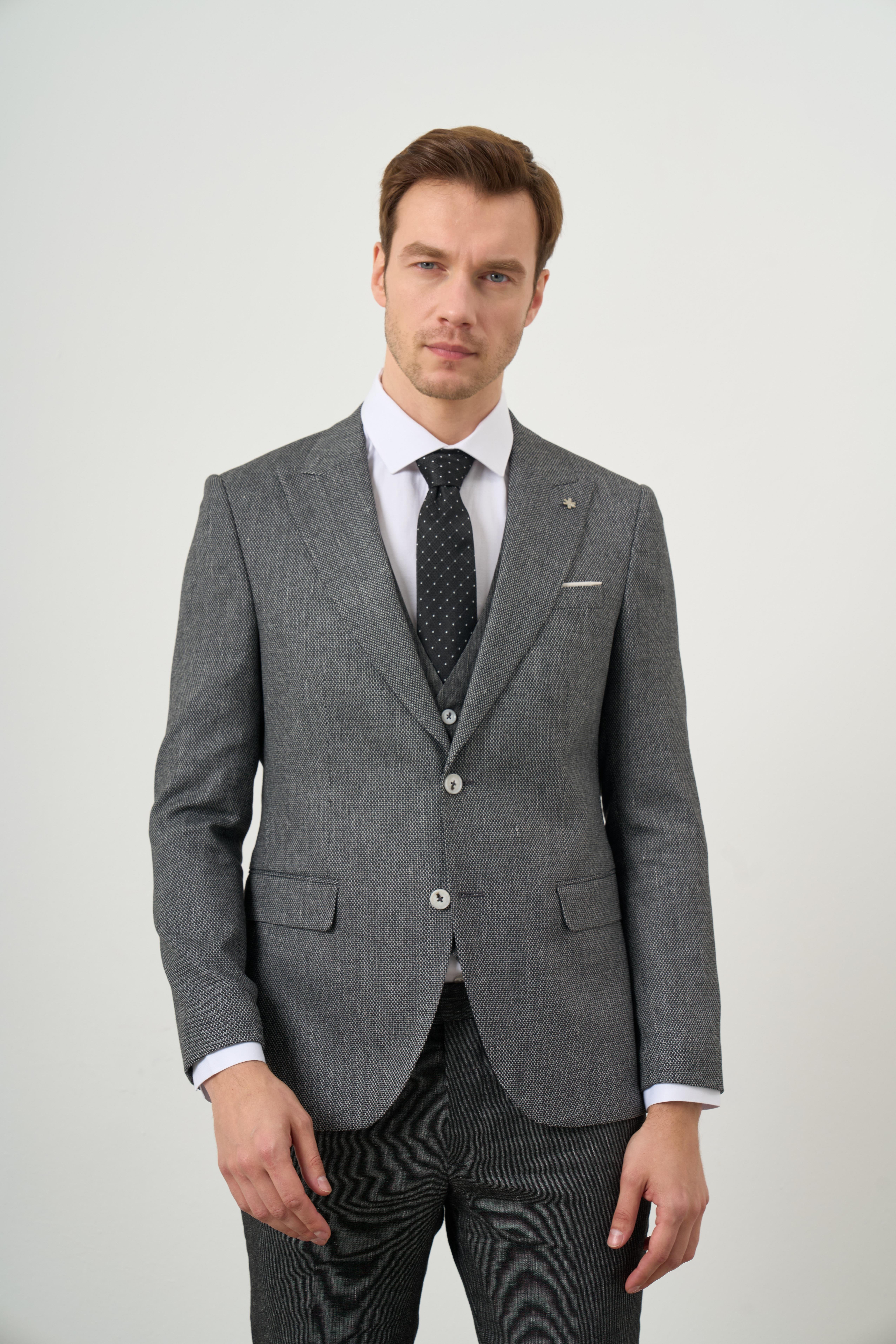 Morven Erkek Siyah Keten Kombinli Slim Fit Takım Elbise