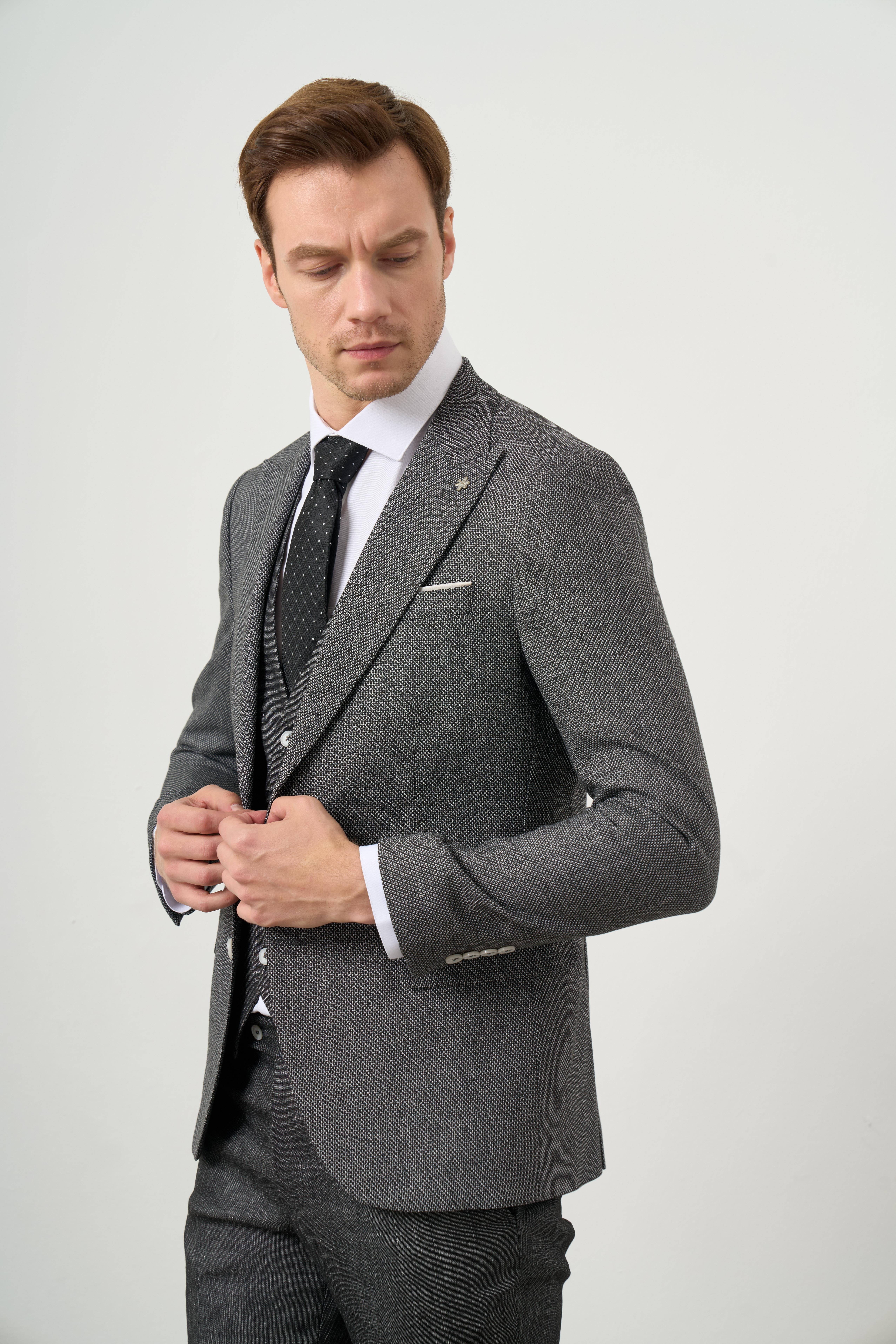 Morven Erkek Siyah Keten Kombinli Slim Fit Takım Elbise