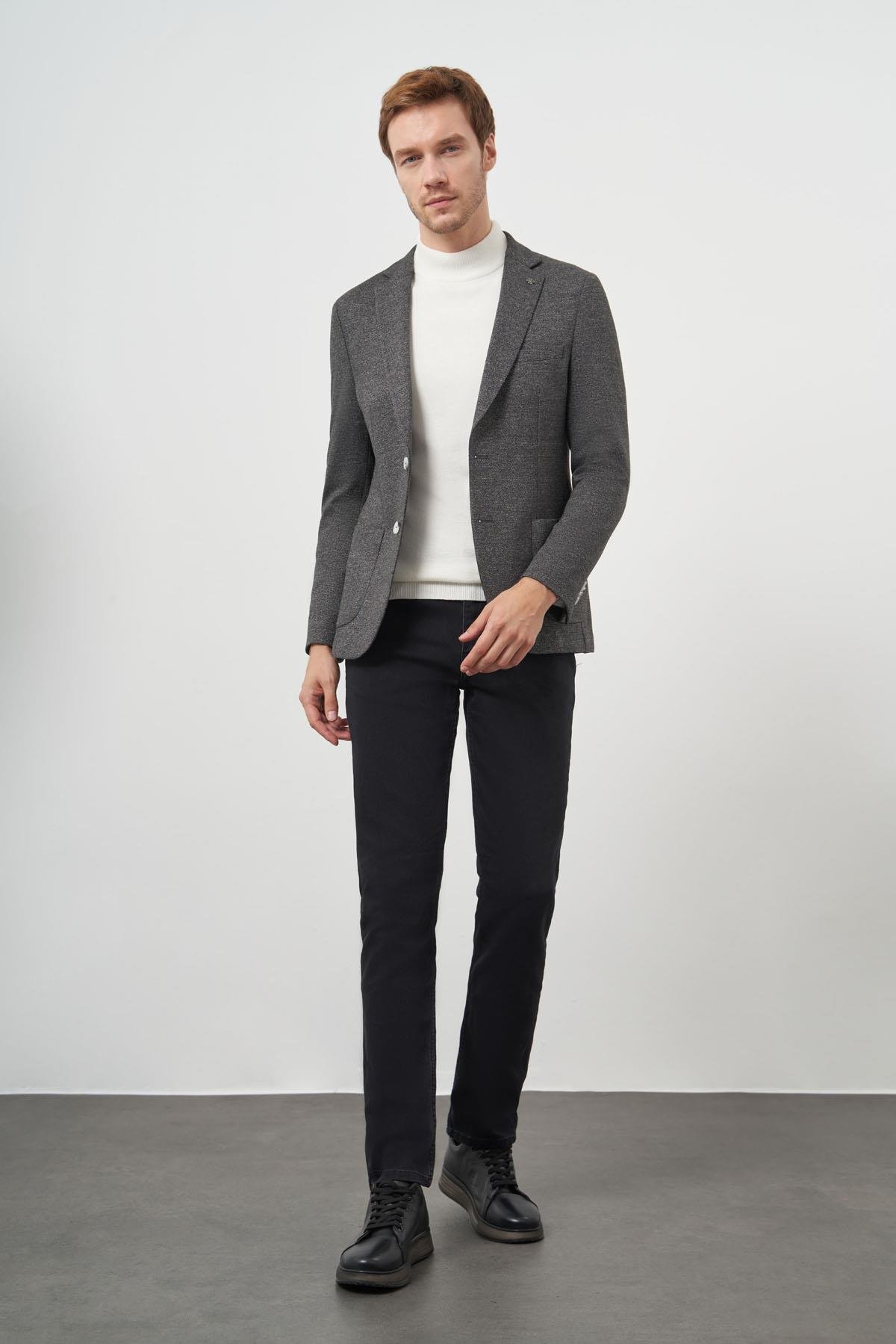 Morven Erkek Siyah Örme Slim Fit Torba Cep Mono Yaka Spor Ceket